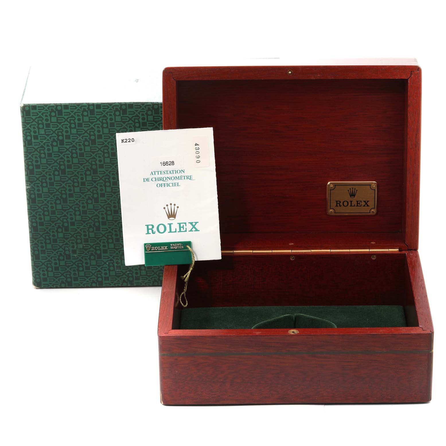 The image shows the open box and paperwork for a Rolex Yacht-Master 16628 Men's Yellow Gold White Dial 16628 Men's Yellow Gold White Dial watch.