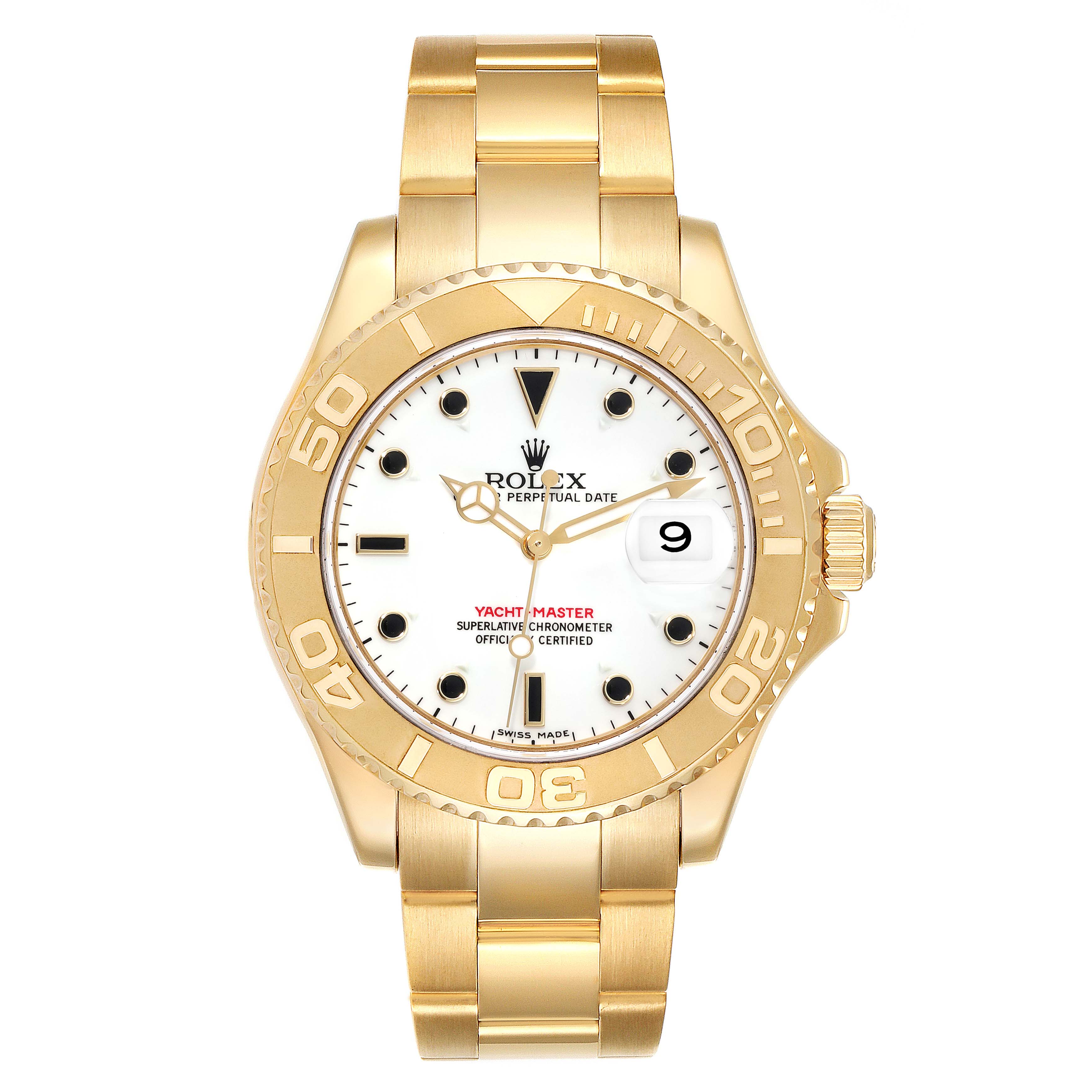 The image displays a frontal view of the Rolex Yacht-Master 16628 Men's Yellow Gold White Dial 16628 Men's Yellow Gold White Dial watch, featuring its dial, bezel, case, and bracelet.
