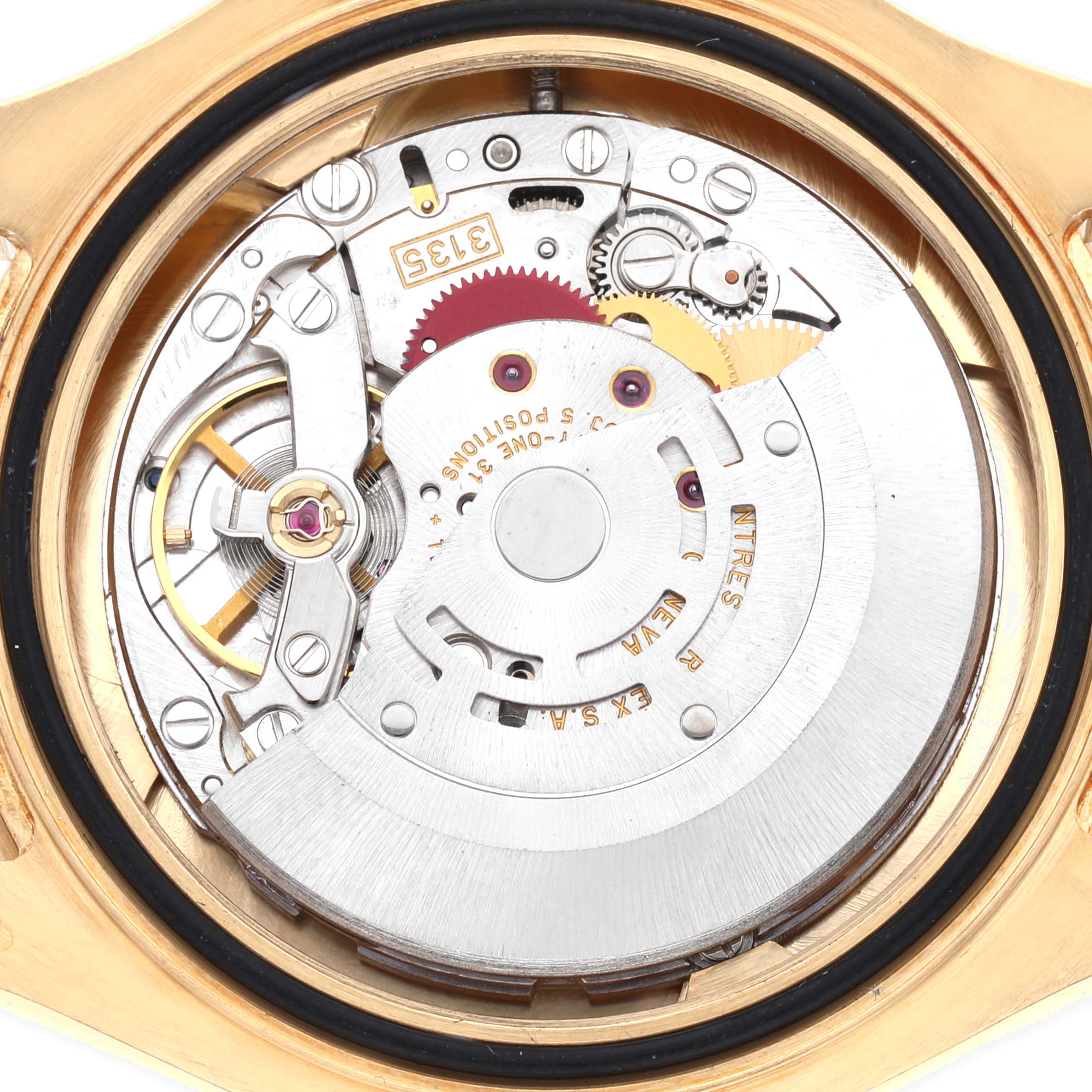The image shows the internal movement mechanism of a Rolex Yacht-Master 16628 Men's Yellow Gold White Dial 16628 Men's Yellow Gold White Dial watch from a rear view angle.