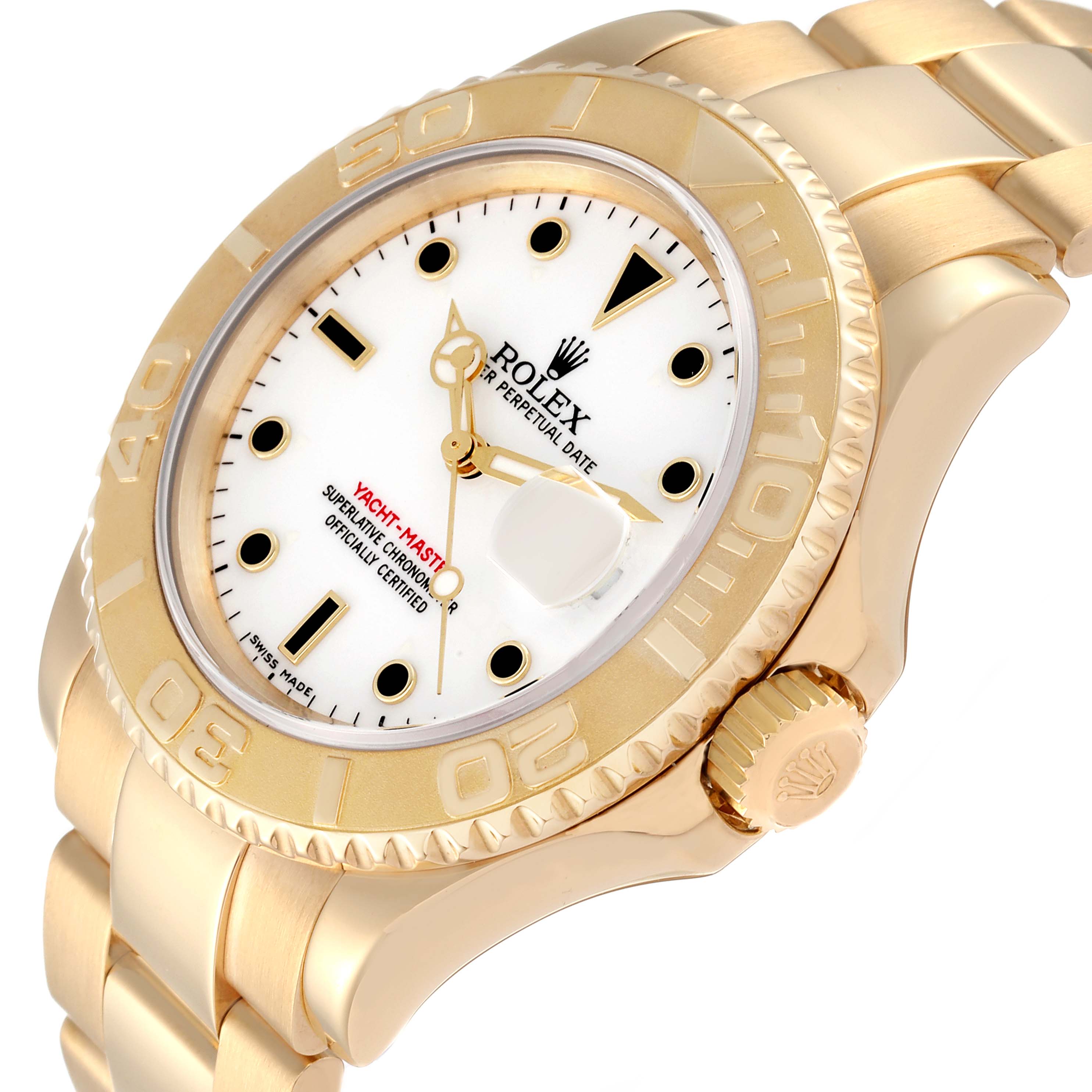 The image shows a close-up angle of the Rolex Yacht-Master 16628 Men's Yellow Gold White Dial 16628 Men's Yellow Gold White Dial, focusing on the dial, bezel, and part of the bracelet.