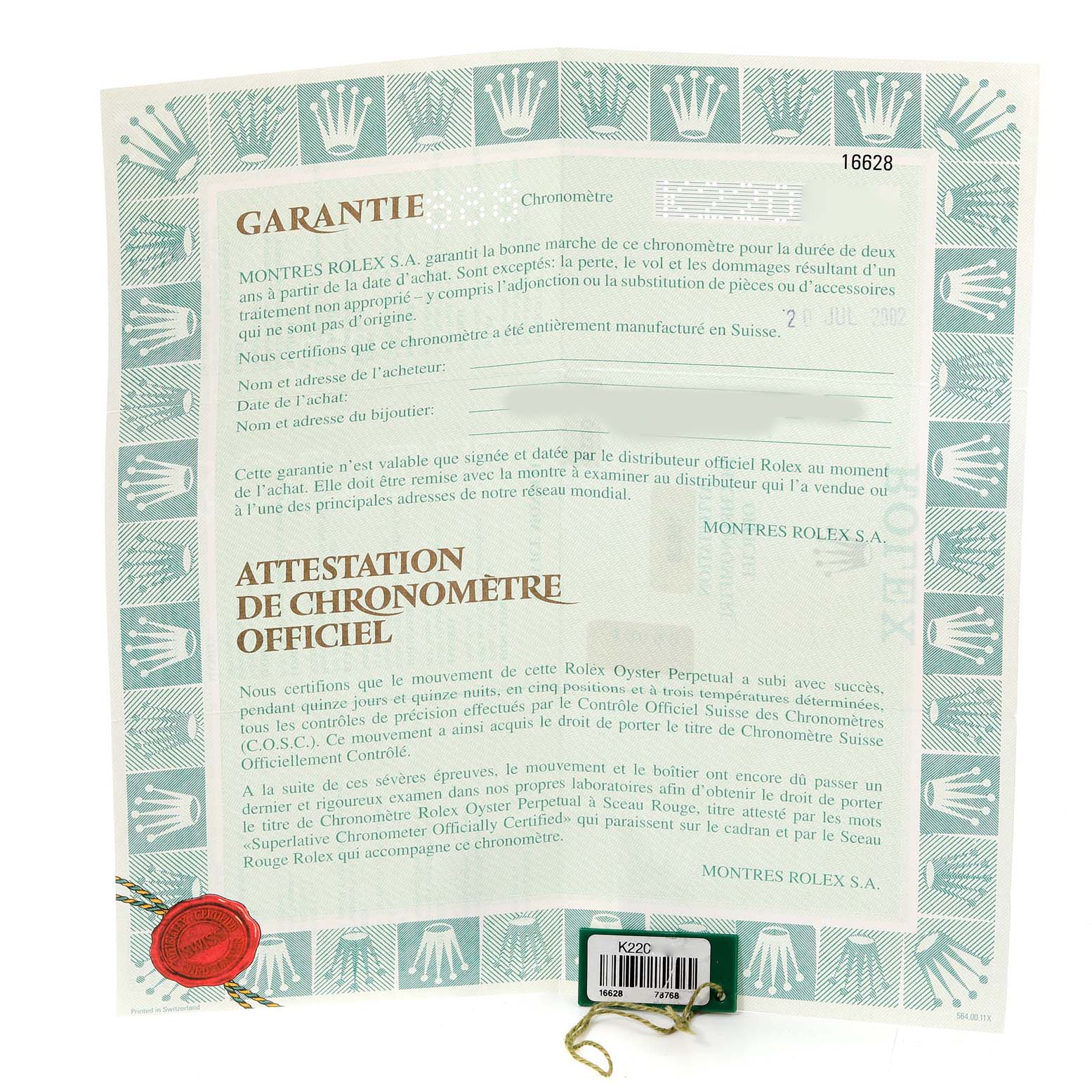 The image shows the warranty and chronometer certification paperwork for the Rolex Yacht-Master 16628 Men's Yellow Gold White Dial 16628 Men's Yellow Gold White Dial model.