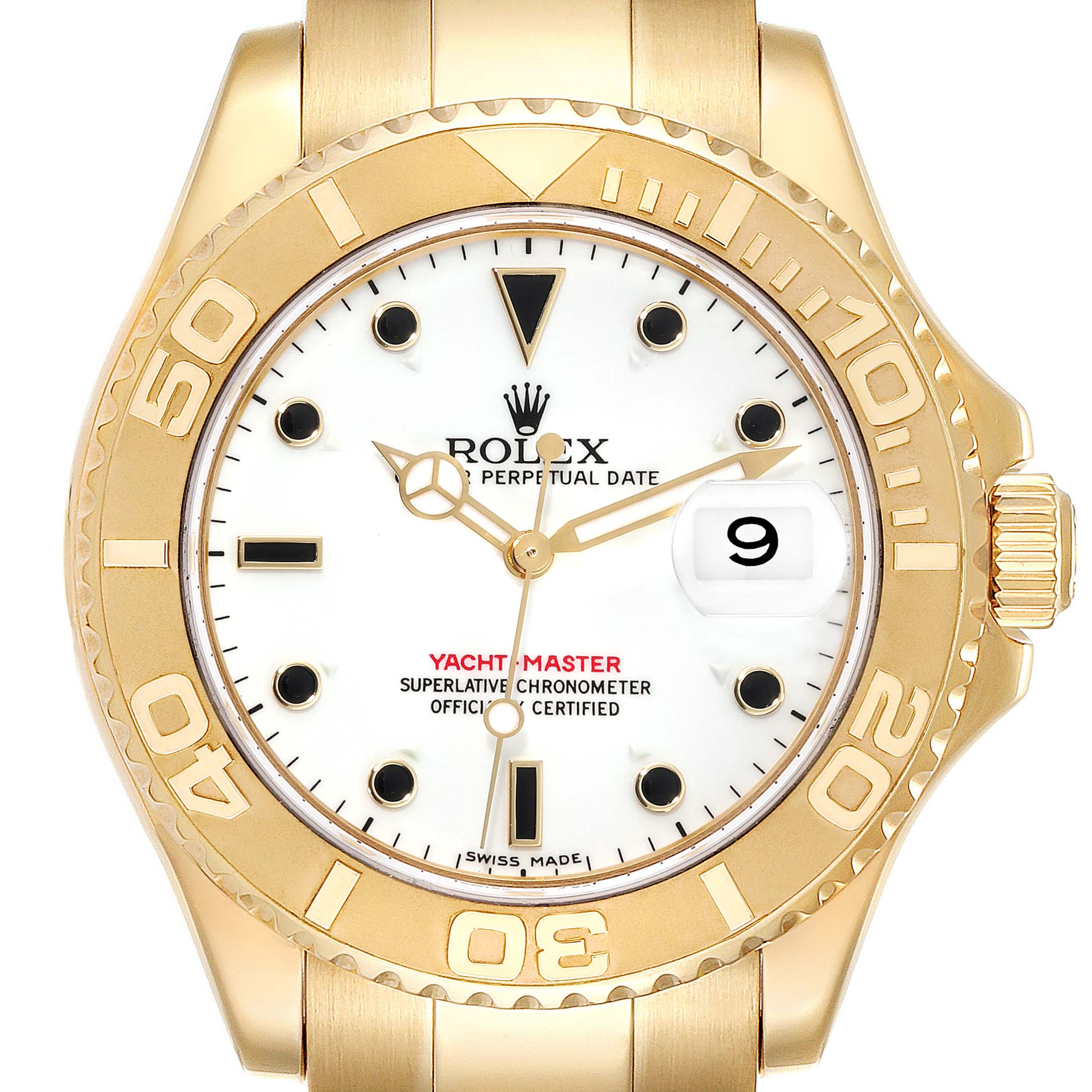 This is a front view of a Rolex Yacht-Master 16628 Men's Yellow Gold White Dial 16628 Men's Yellow Gold White Dial, showing the gold case, bezel, white dial, and date window.