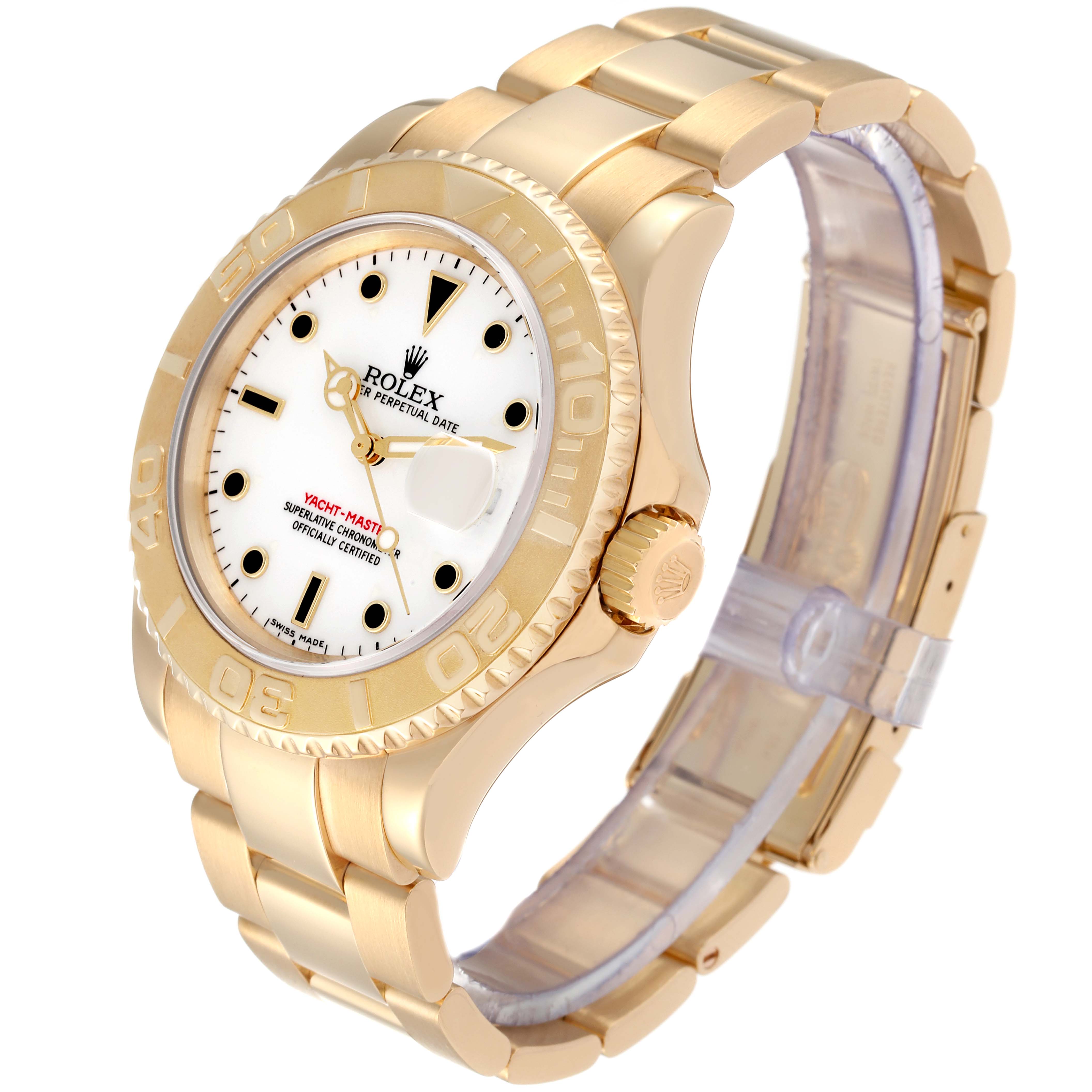 The image shows a Rolex Yacht-Master 16628 Men's Yellow Gold White Dial 16628 Men's Yellow Gold White Dial watch at an oblique angle, highlighting its face, bezel, crown, and bracelet.