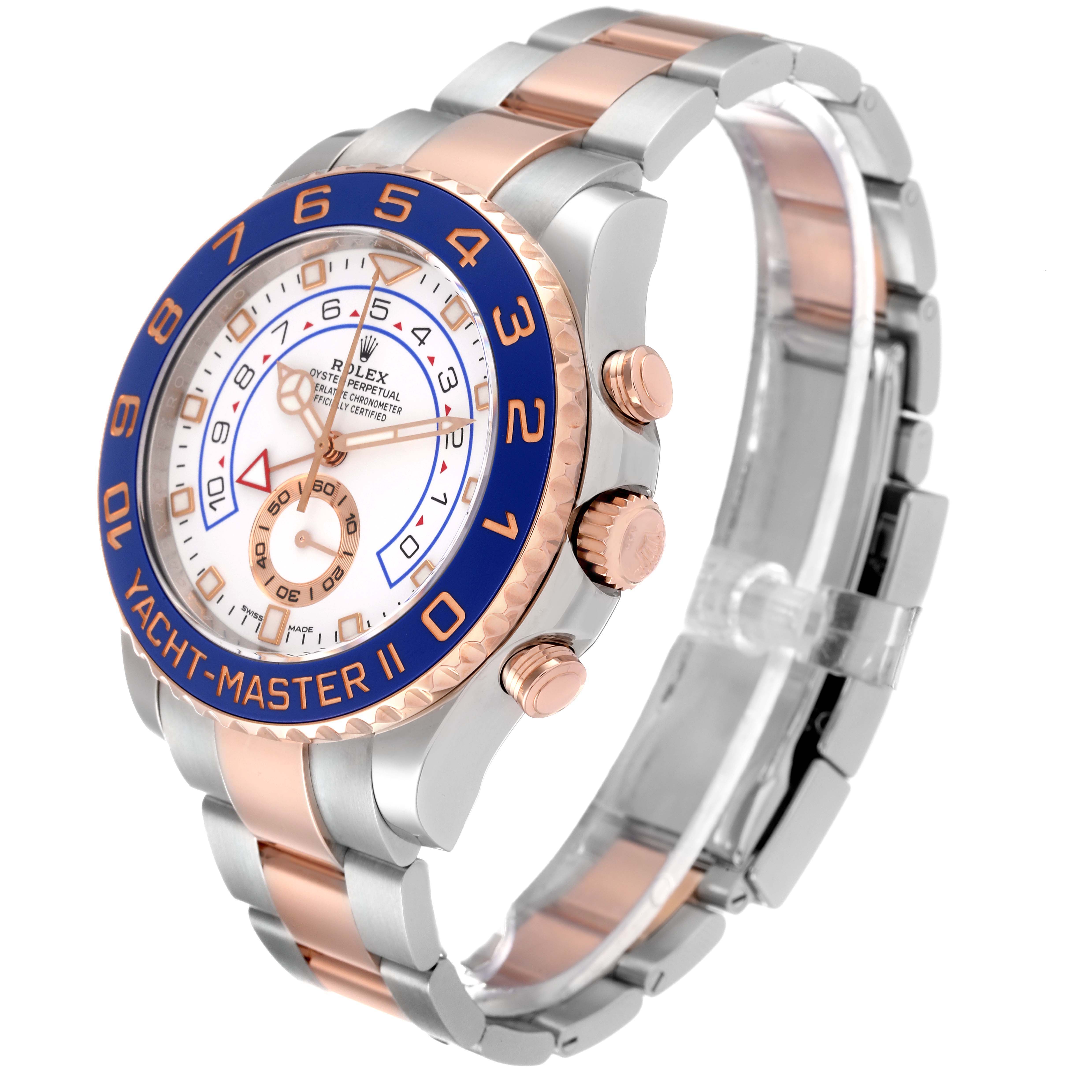 The Rolex Yacht-Master 116681 Men
s Steel and Gold (two tone) White Dial 116681 Men
s Steel and Gold (two tone) White Dial watch is shown at a three-quarter view, highlighting its bezel, dial, crown, and bracelet.