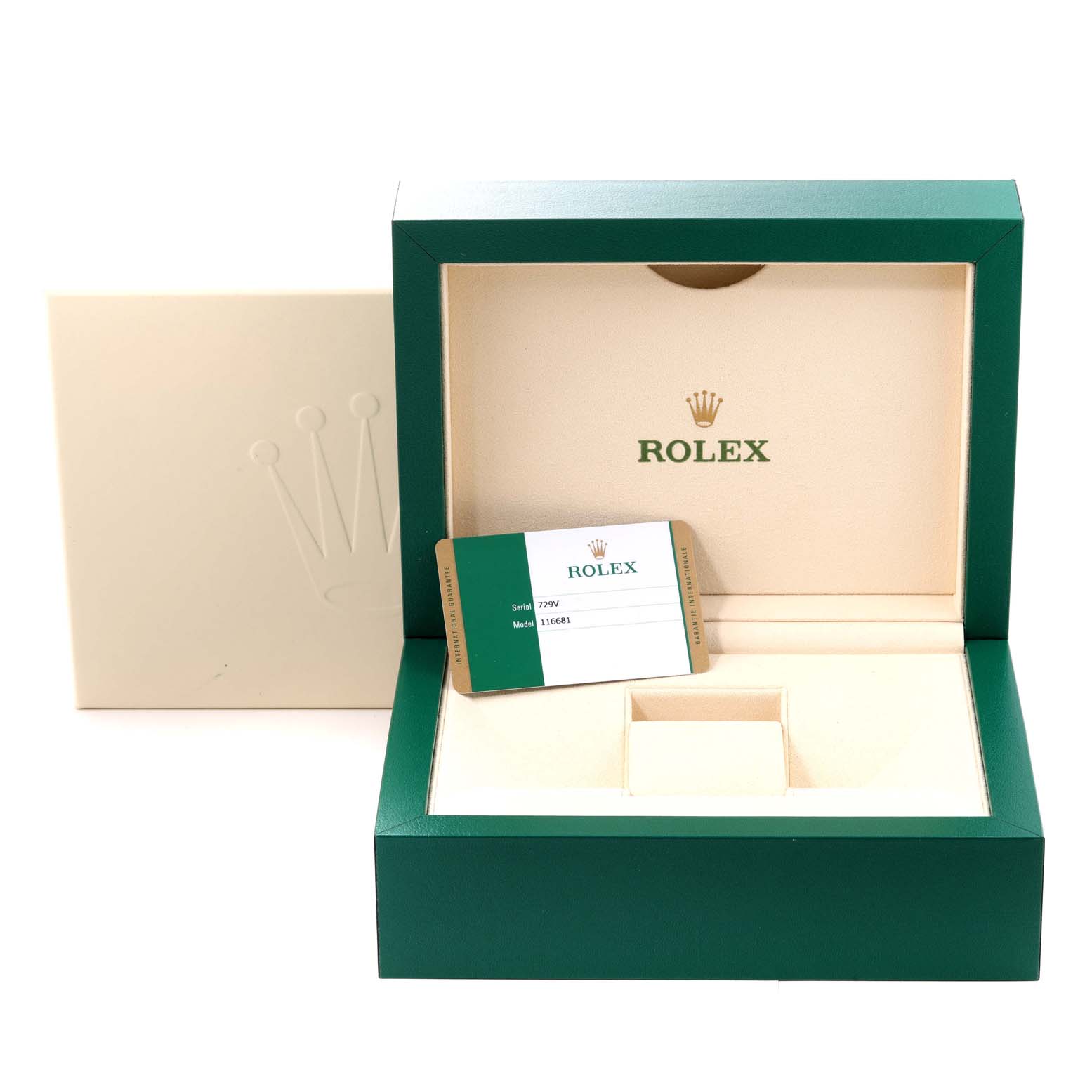 The image shows a green and beige Rolex Yacht-Master 116681 Men
s Steel and Gold (two tone) White Dial 116681 Men
s Steel and Gold (two tone) White Dial watch box with an Best Quality
ity card placed inside.