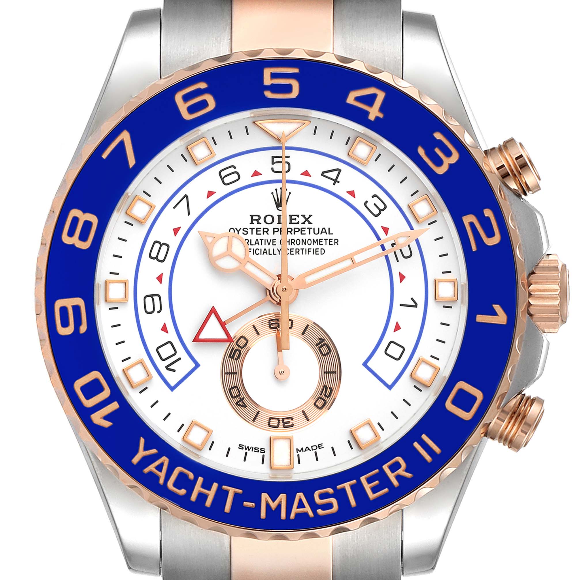 The Rolex Yacht-Master 116681 Men
s Steel and Gold (two tone) White Dial 116681 Men
s Steel and Gold (two tone) White Dial II watch is shown from a top-down angle, highlighting the dial, bezel, and crown.