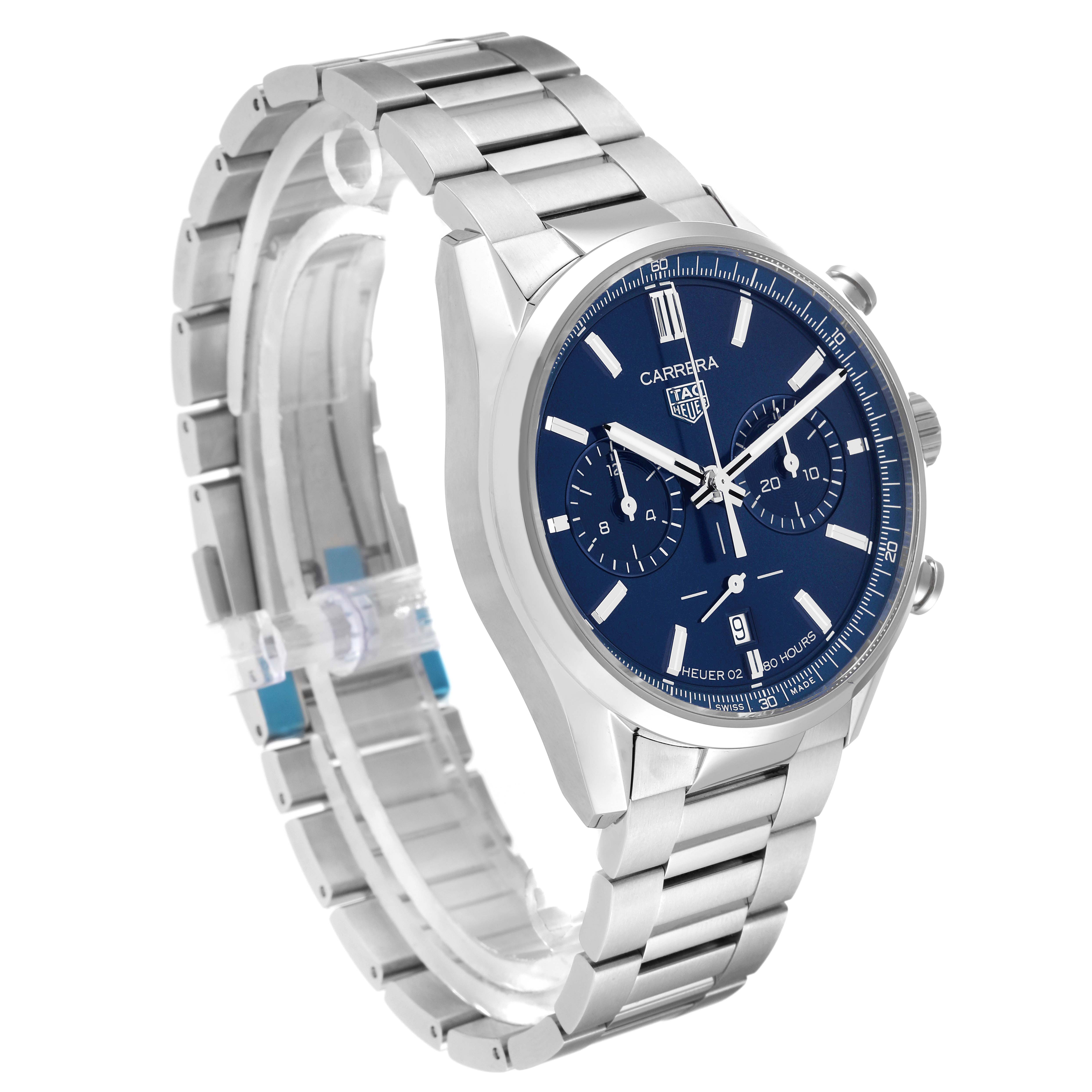 The image shows a Tag Heuer Carrera CBN2011.BA0642 Men's Stainless Steel Blue Dial CBN2011.BA0642 Men's Stainless Steel Blue Dial watch at a 3/4 angle, highlighting its blue dial and stainless steel bracelet.