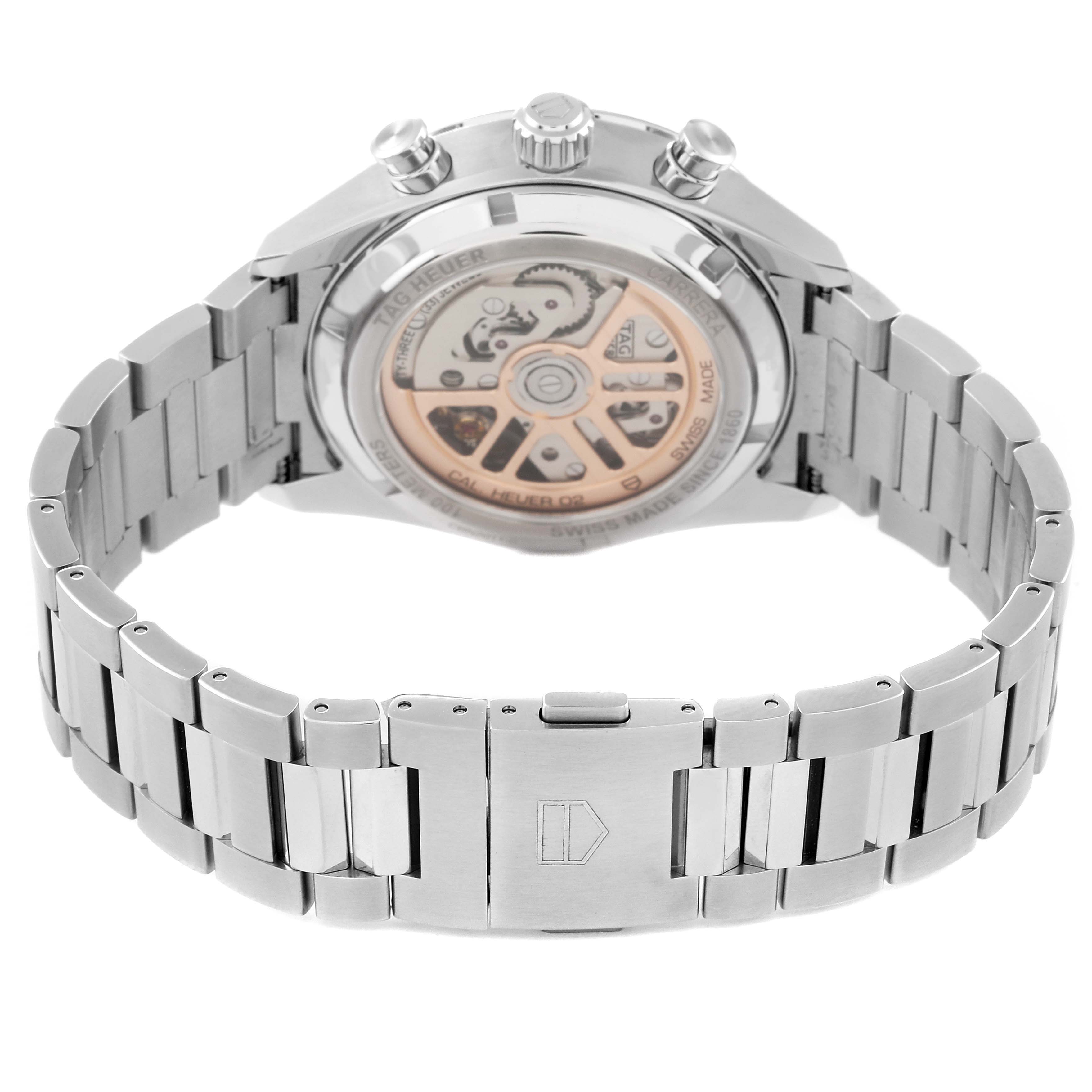 The image shows the back view of a Tag Heuer Carrera CBN2011.BA0642 Men's Stainless Steel Blue Dial CBN2011.BA0642 Men's Stainless Steel Blue Dial watch, highlighting the bracelet and the visible movement through the case back.