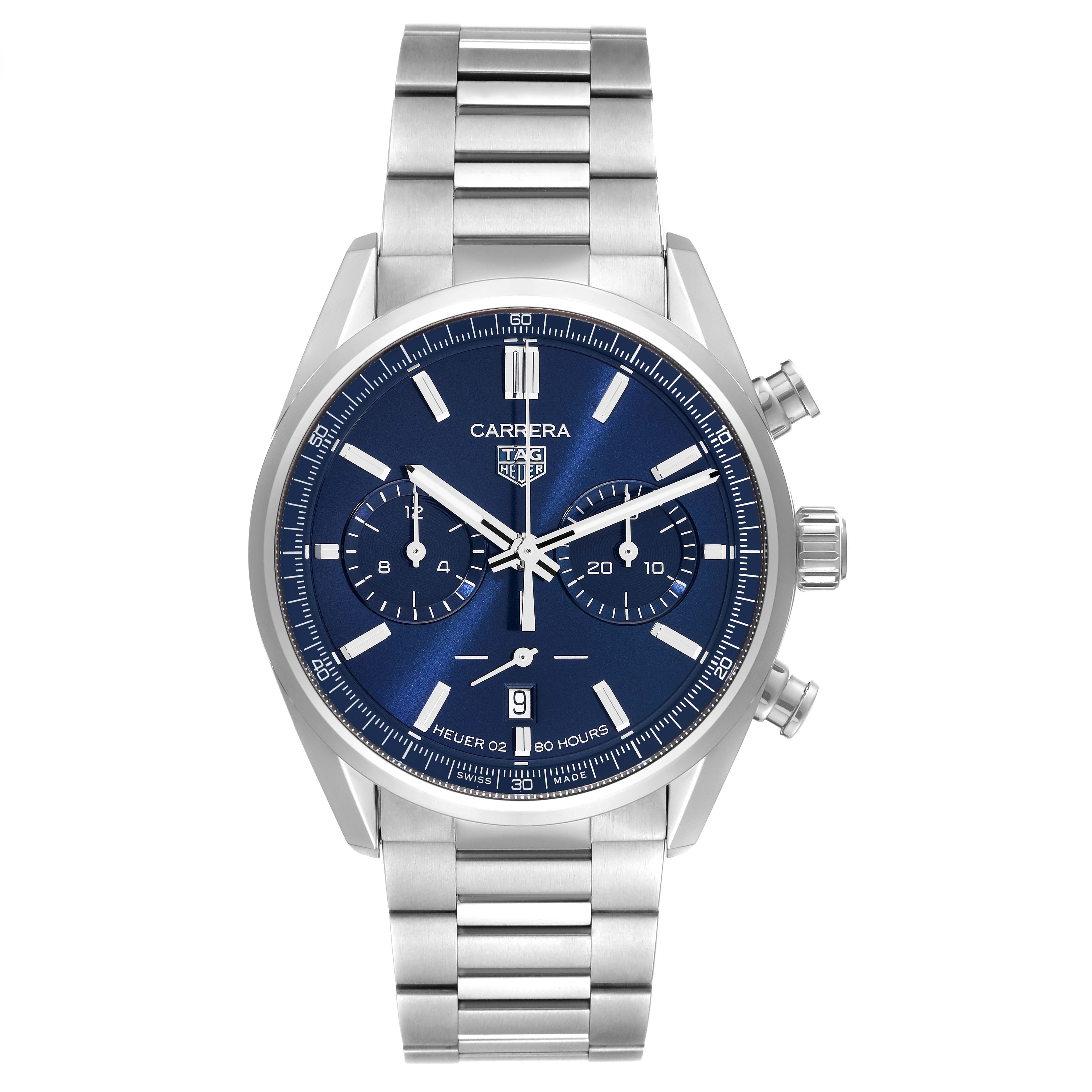 The image shows a full front view of the Tag Heuer Carrera CBN2011.BA0642 Men's Stainless Steel Blue Dial CBN2011.BA0642 Men's Stainless Steel Blue Dial watch with a stainless steel band and blue dial.