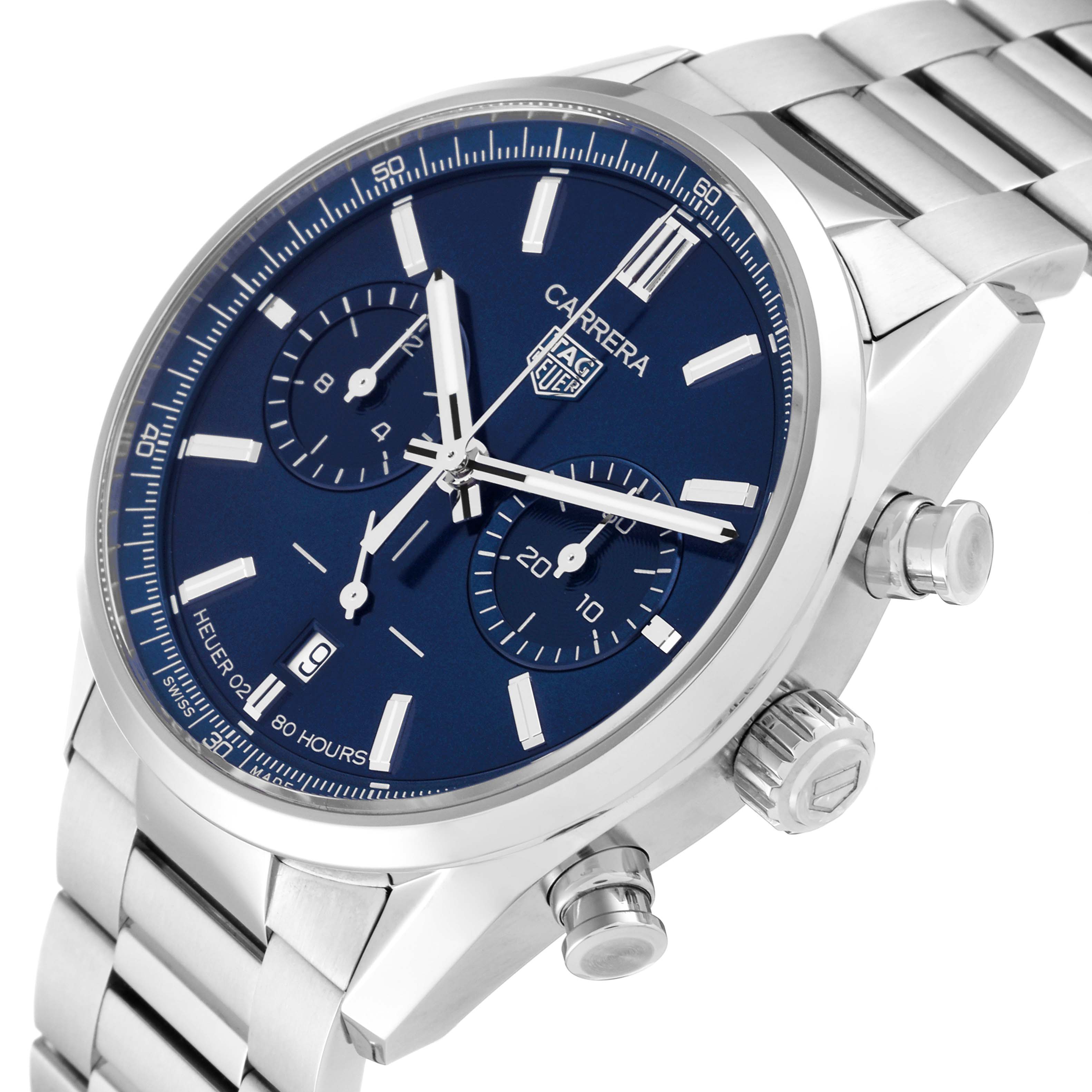The image shows a Tag Heuer Carrera CBN2011.BA0642 Men's Stainless Steel Blue Dial CBN2011.BA0642 Men's Stainless Steel Blue Dial watch at a slight angle, displaying the dial, crown, pushers, and part of the bracelet.