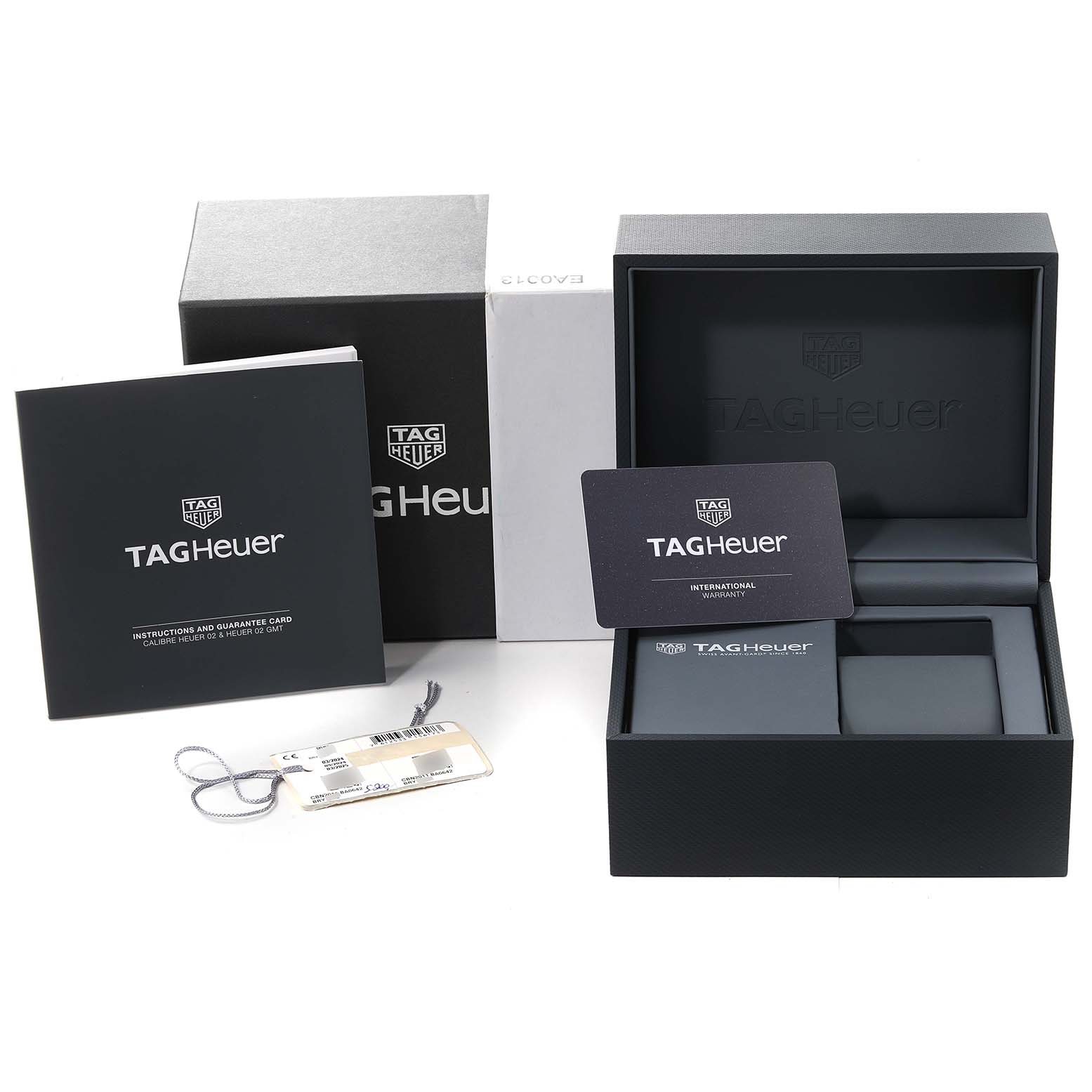 The image shows the packaging, instruction manual, warranty card, and box for the Tag Heuer Carrera CBN2011.BA0642 Men's Stainless Steel Blue Dial CBN2011.BA0642 Men's Stainless Steel Blue Dial model watch.
