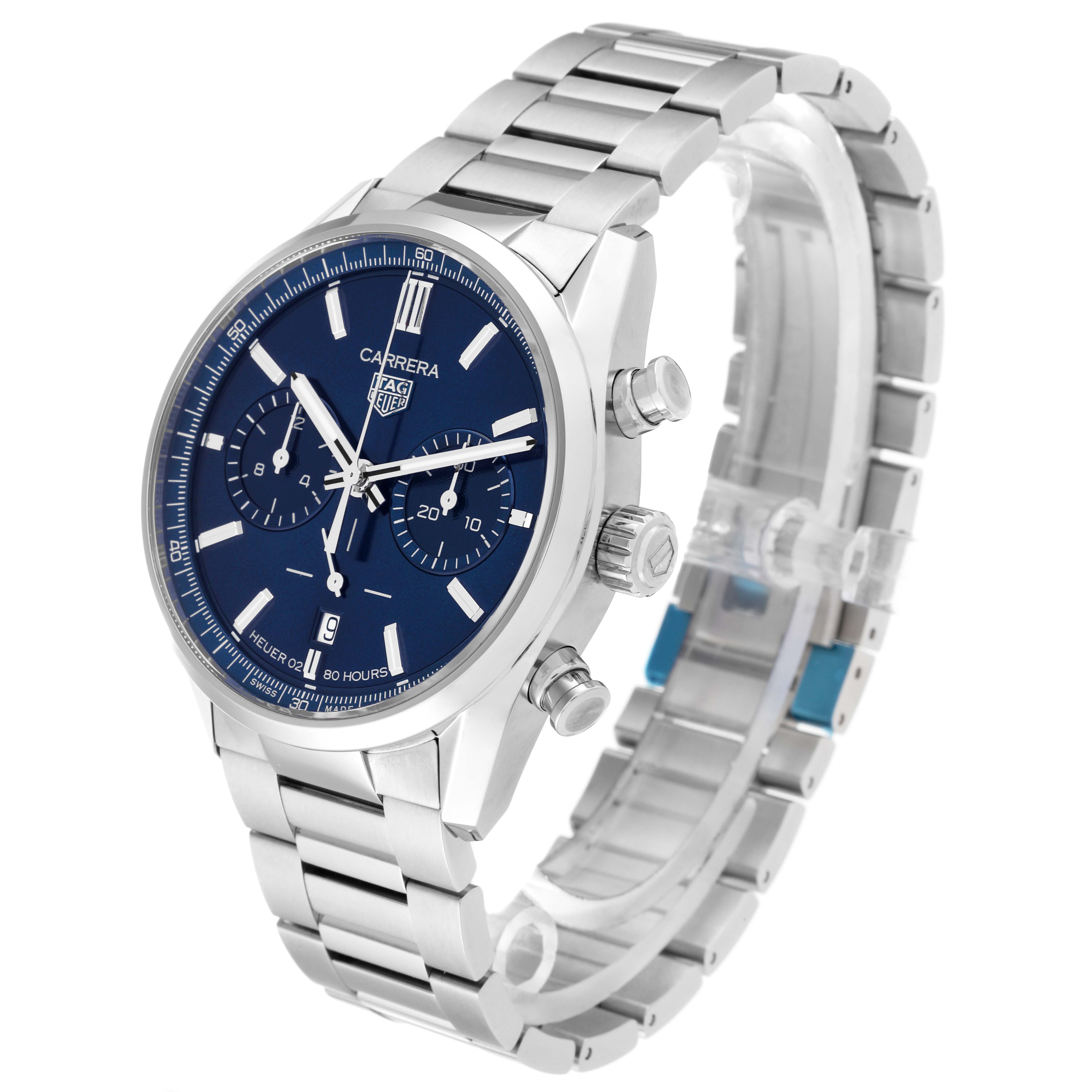 The image shows a side angle view of a Tag Heuer Carrera CBN2011.BA0642 Men's Stainless Steel Blue Dial CBN2011.BA0642 Men's Stainless Steel Blue Dial watch, highlighting the face, chronograph dials, and bracelet.