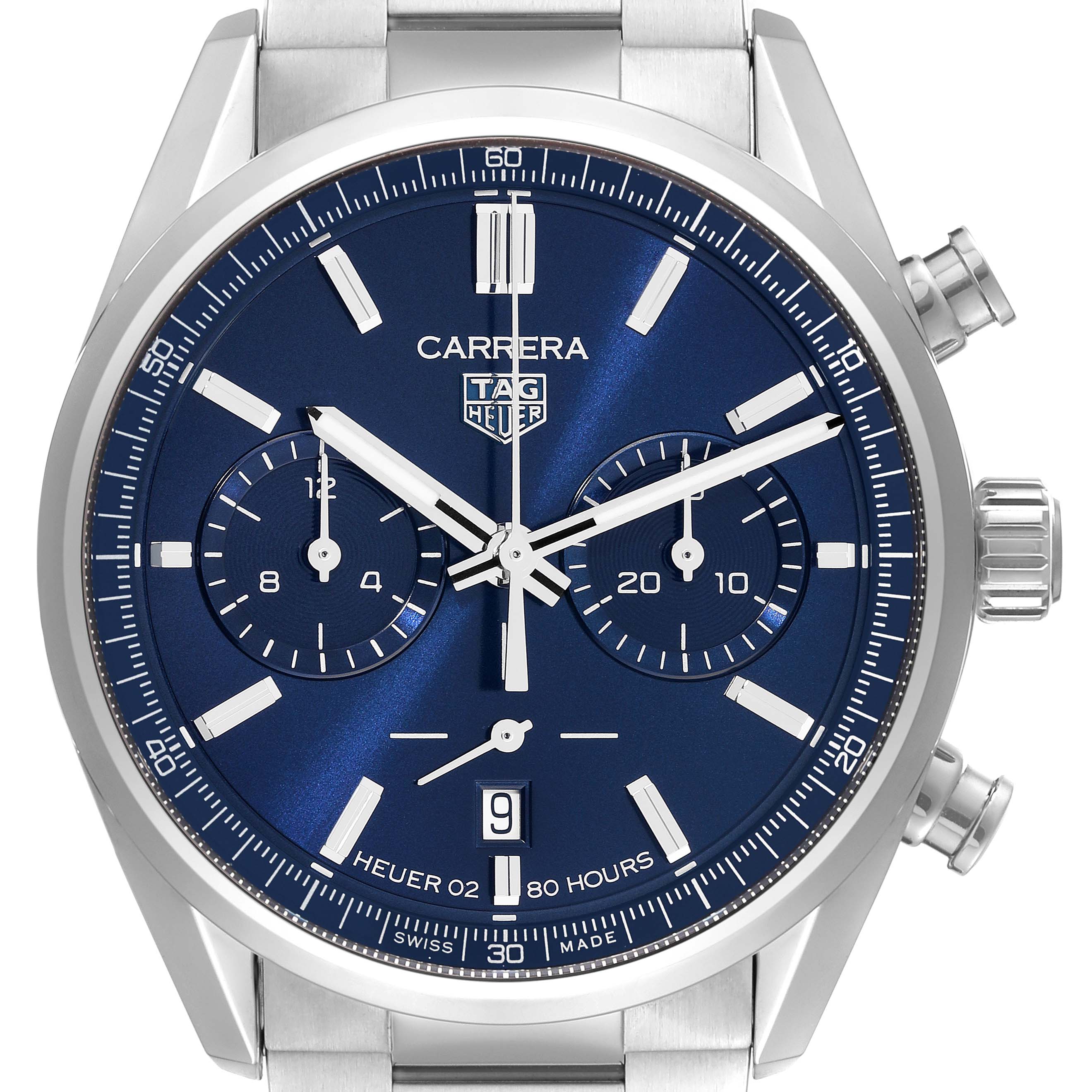 The image shows a frontal view of the Tag Heuer Carrera CBN2011.BA0642 Men's Stainless Steel Blue Dial CBN2011.BA0642 Men's Stainless Steel Blue Dial watch, displaying the dial, bezels, subdials, crown, and pushers.
