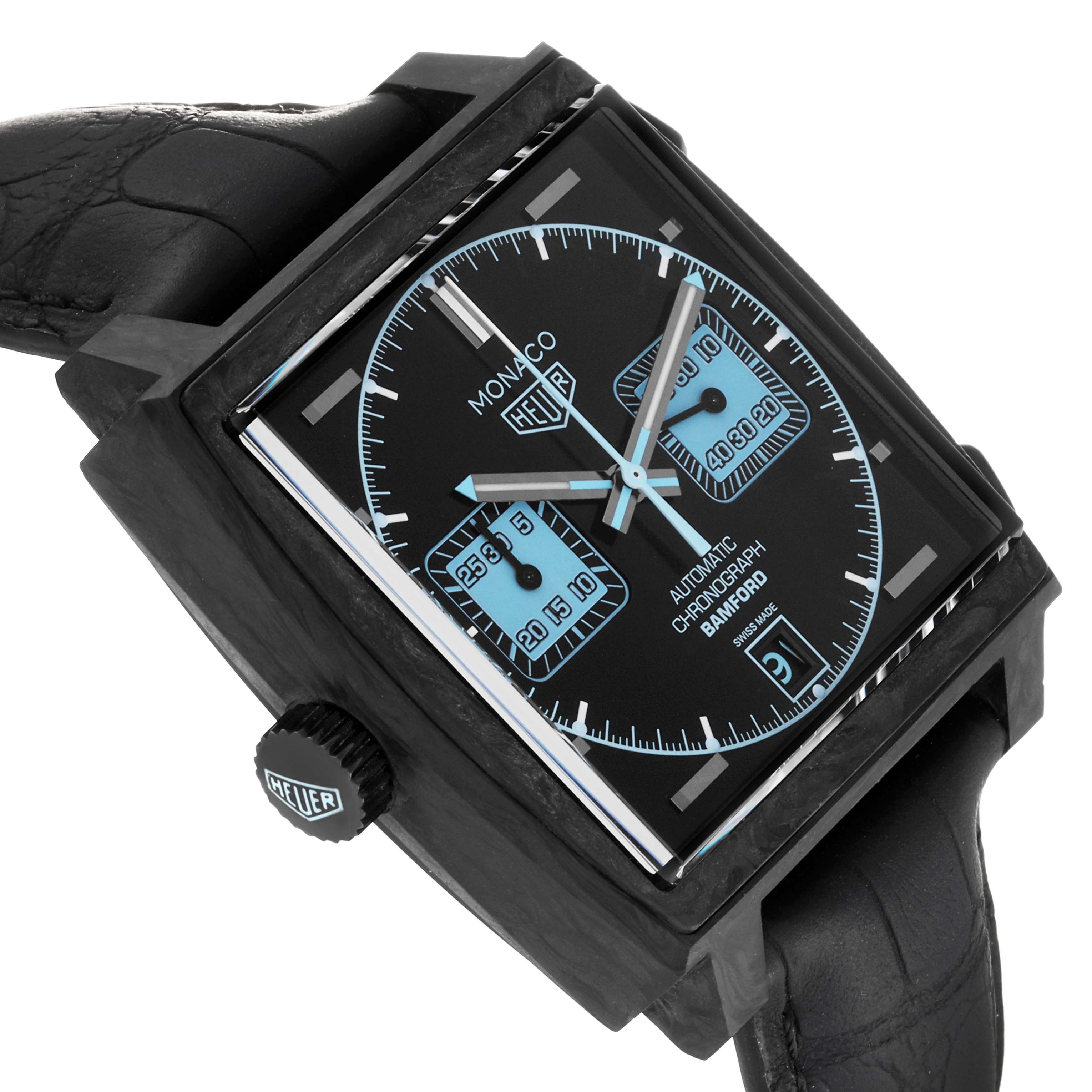 The Tag Heuer Monaco CAW2190.FC6437 Men's Ceramic Black Dial CAW2190.FC6437 Men's Ceramic Black Dial Limited Edition watch is shown at an angle displaying the face, crown, and part of the strap.