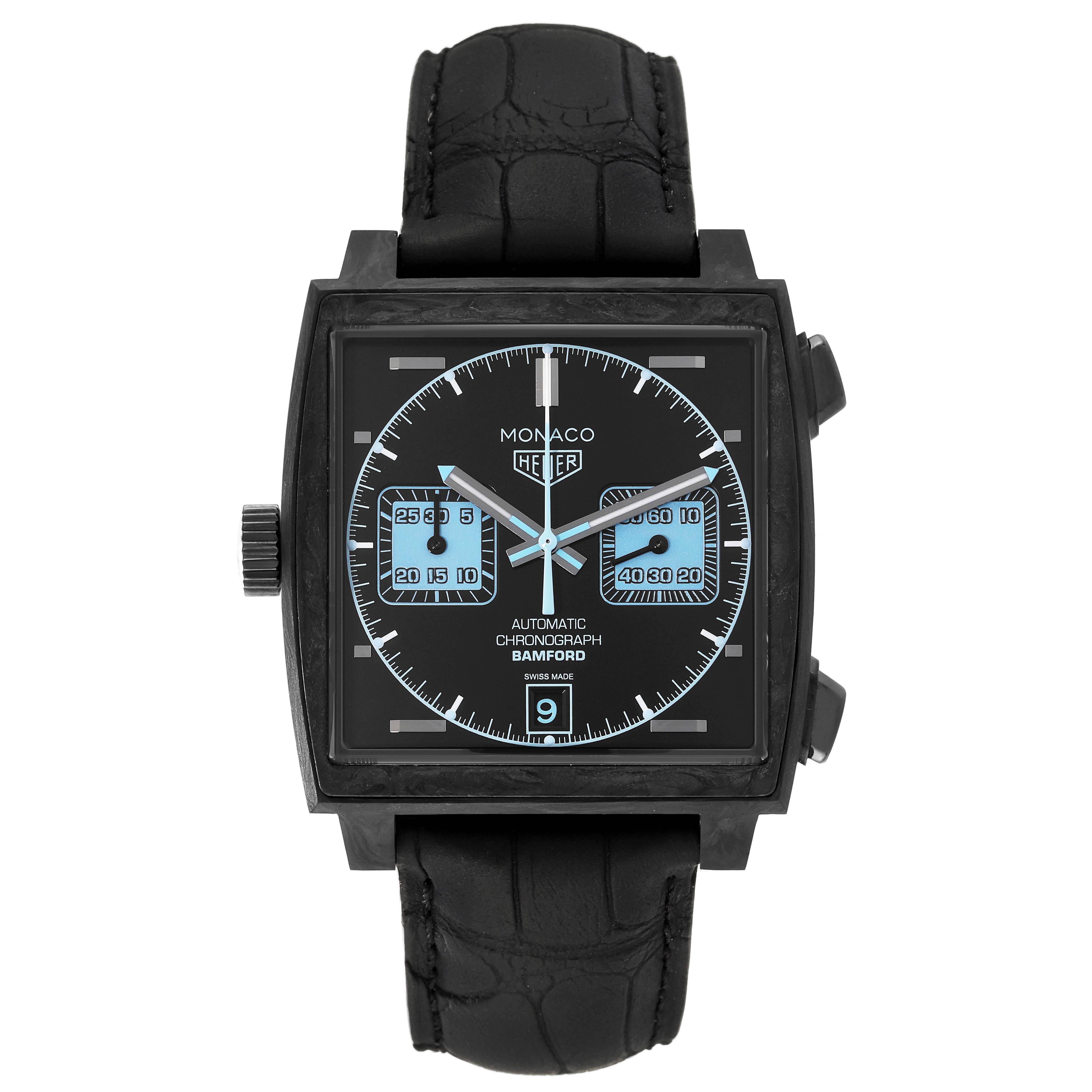 This image shows a front view of the Tag Heuer Monaco CAW2190.FC6437 Men's Ceramic Black Dial CAW2190.FC6437 Men's Ceramic Black Dial Bamford Limited Edition watch, highlighting the face and strap.