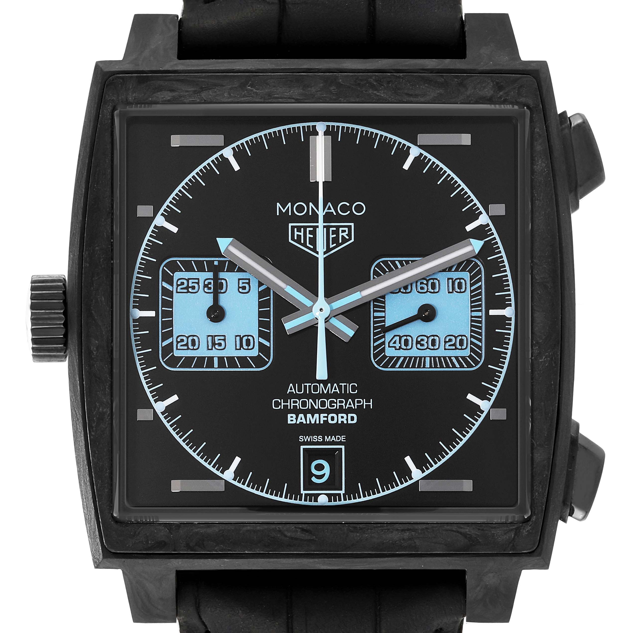 This is a front view of a Tag Heuer Monaco CAW2190.FC6437 Men's Ceramic Black Dial CAW2190.FC6437 Men's Ceramic Black Dial Limited Edition watch, showing the black and blue dial with chronograph subdials and date window.