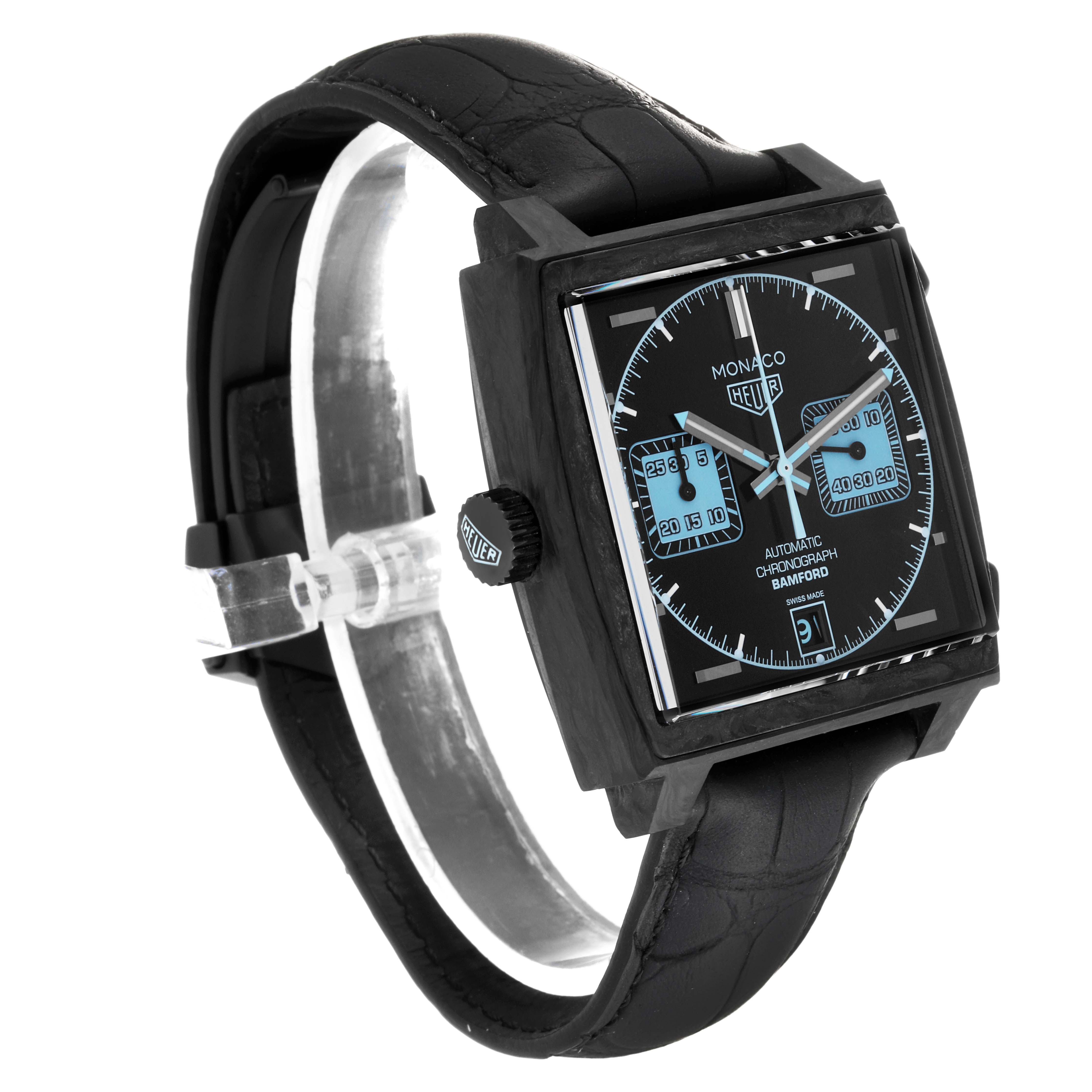 This image shows a side and front angle view of the Tag Heuer Monaco CAW2190.FC6437 Men's Ceramic Black Dial CAW2190.FC6437 Men's Ceramic Black Dial Limited Edition wristwatch, highlighting its face and band.