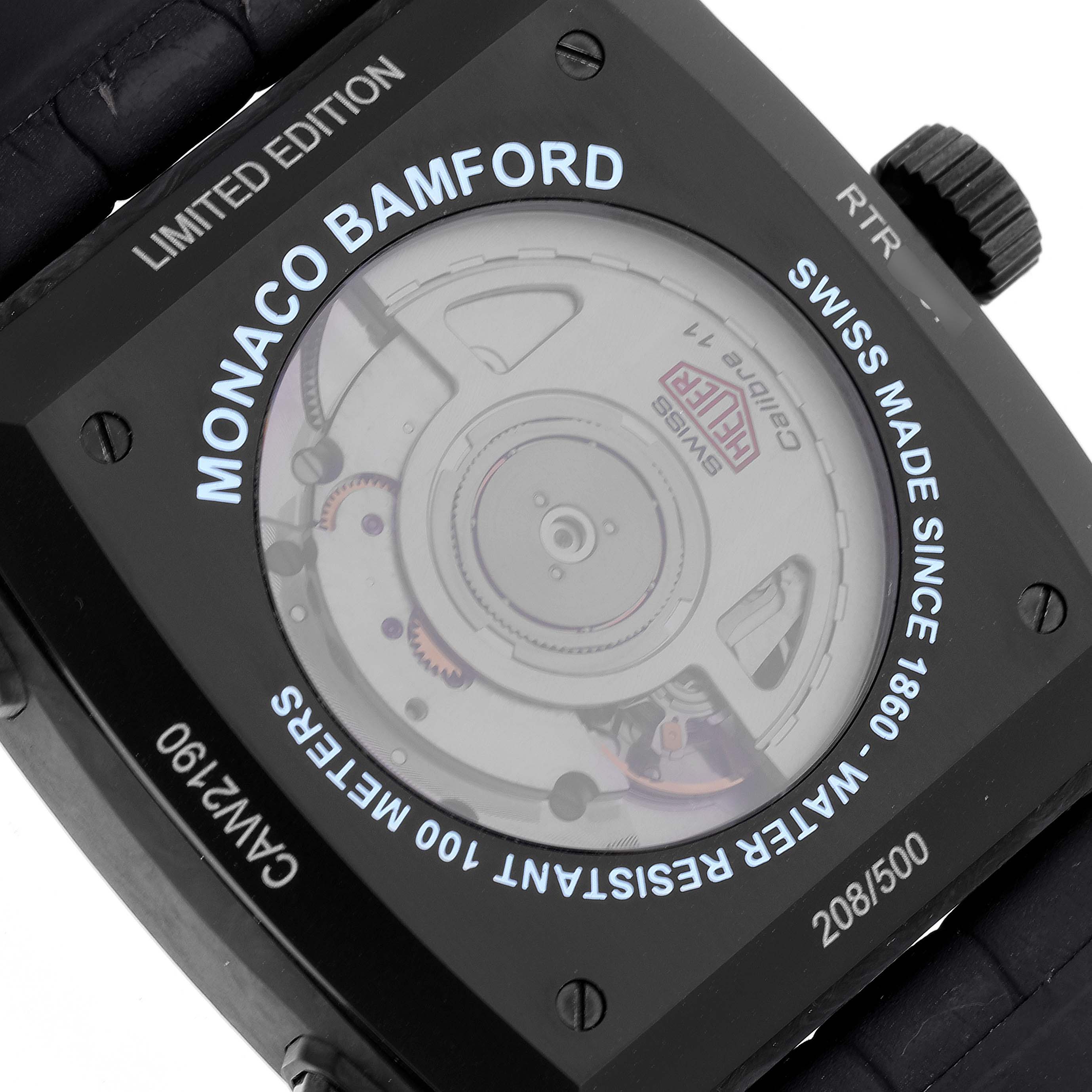 The image shows the back case of the Tag Heuer Monaco CAW2190.FC6437 Men's Ceramic Black Dial CAW2190.FC6437 Men's Ceramic Black Dial Bamford Limited Edition watch, highlighting its internal mechanism and engravings.
