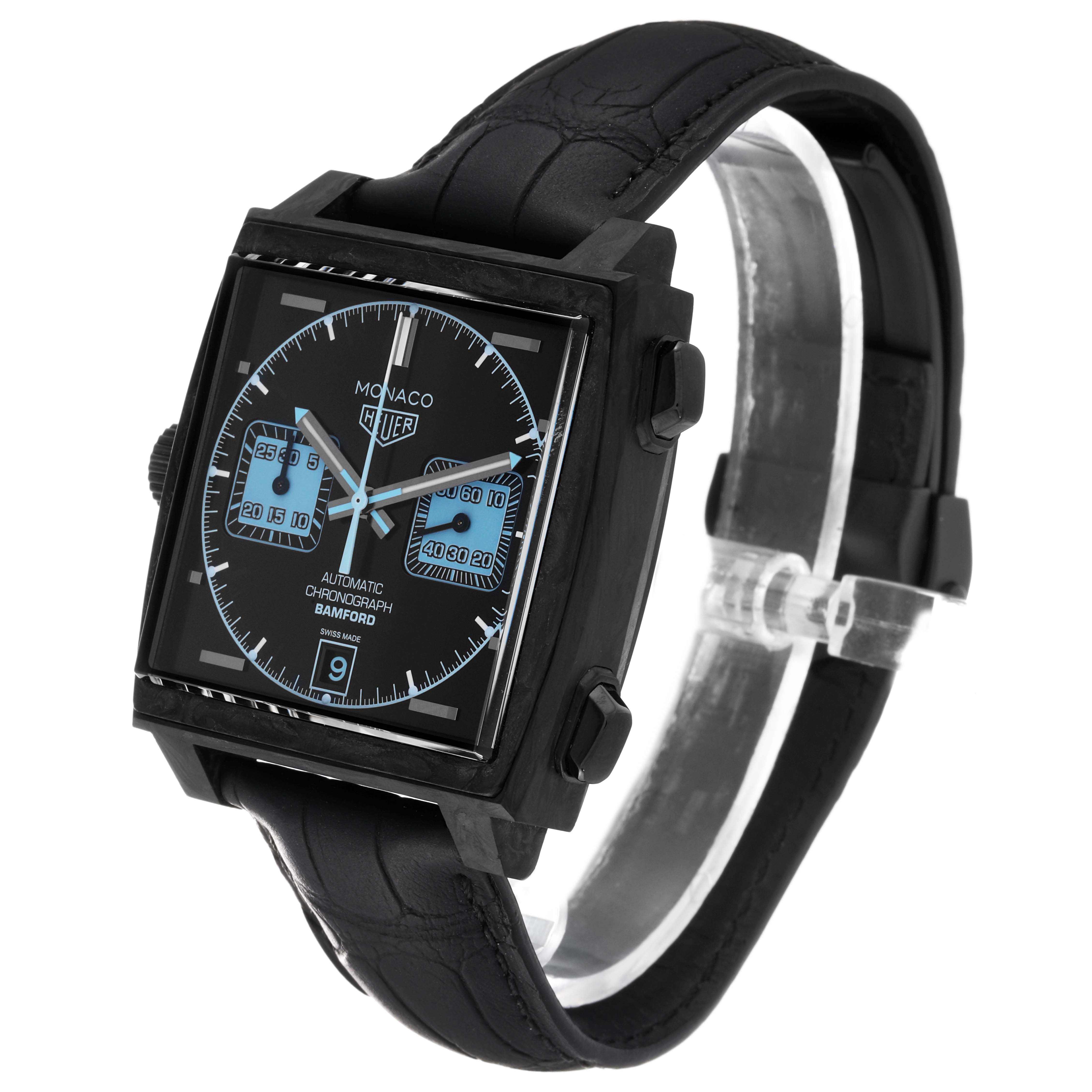 The image shows a Tag Heuer Monaco CAW2190.FC6437 Men's Ceramic Black Dial CAW2190.FC6437 Men's Ceramic Black Dial Bamford Limited Edition watch at an angle showcasing the face, strap, and side buttons.