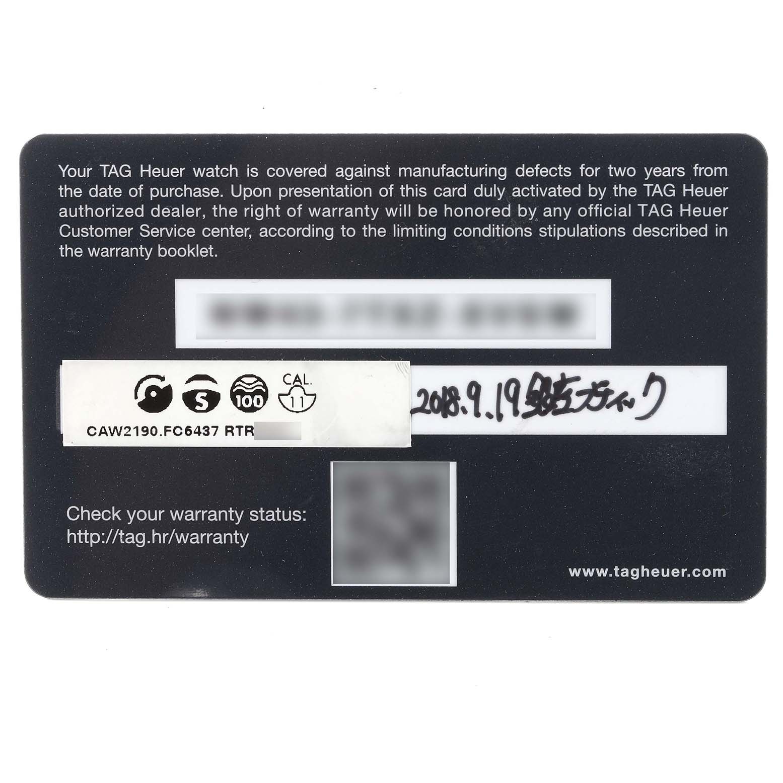 The image shows the warranty card of a Limited Edition Tag Heuer model CAW2190.FC6437.