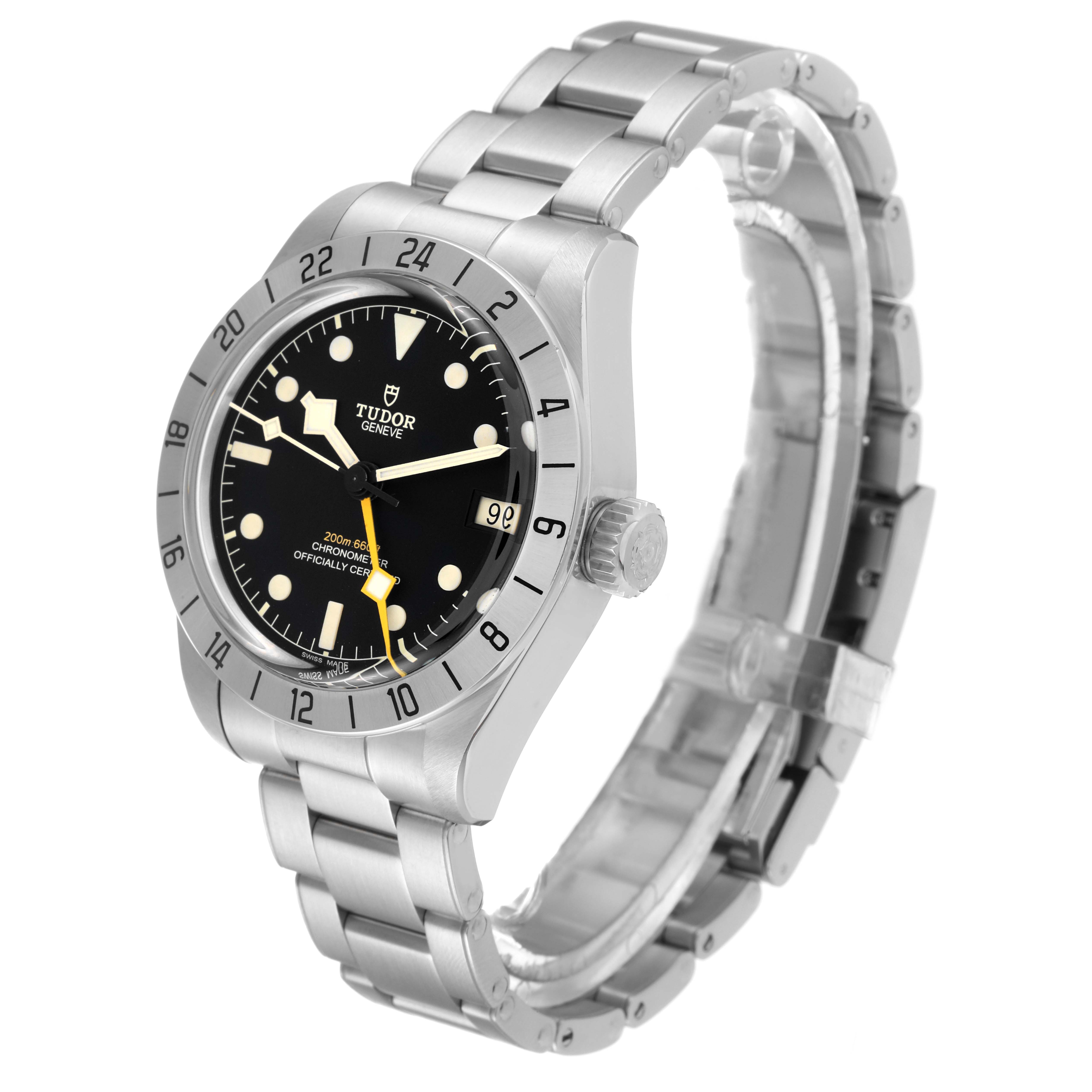 The Tudor Heritage Black Bay M79470-0003 Men's Stainless Steel Black Dial M79470-0003 Men's Stainless Steel Black Dial watch is shown at a three-quarter angle, displaying the face, bezel, crown, and bracelet.