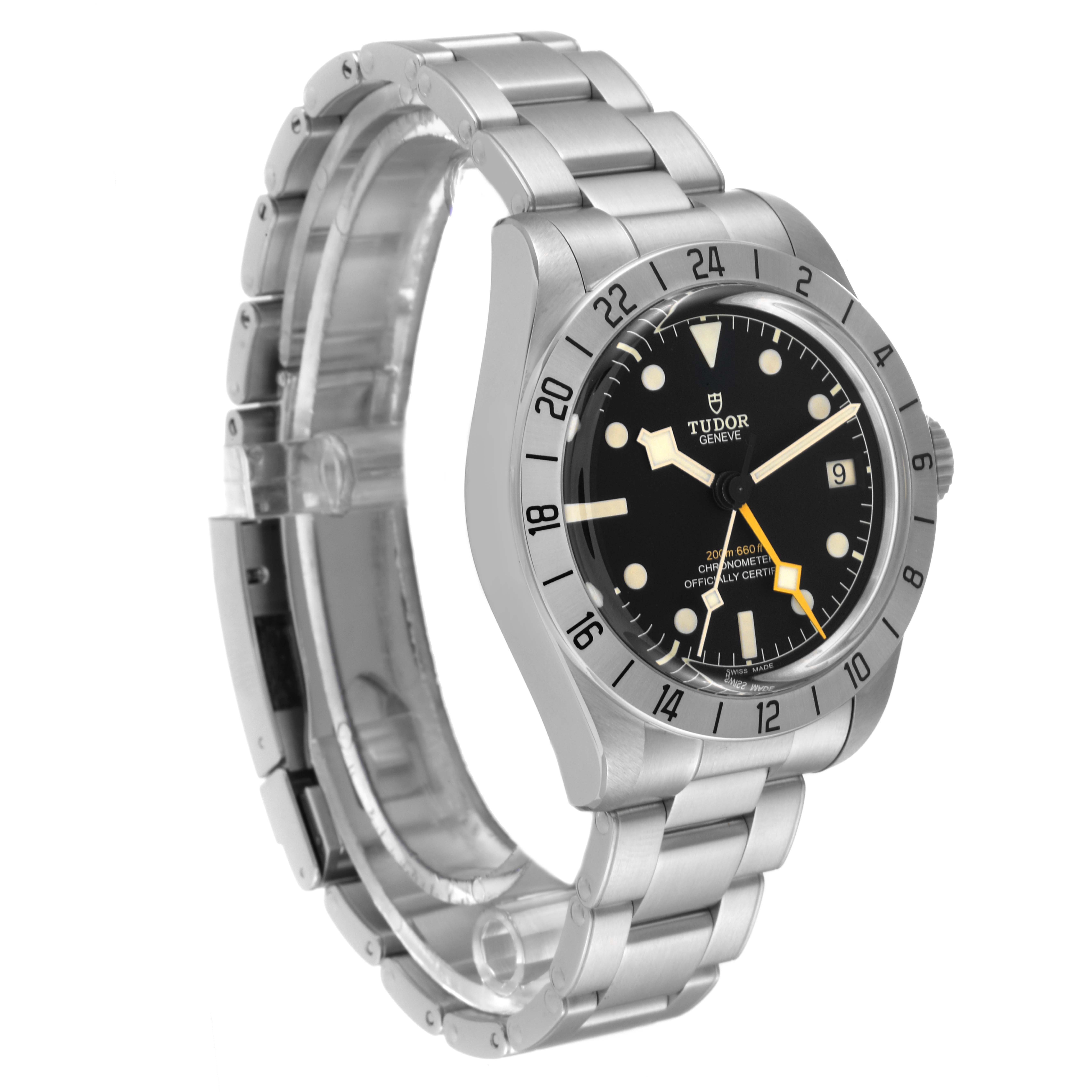 This image shows a Tudor Heritage Black Bay M79470-0003 Men's Stainless Steel Black Dial M79470-0003 Men's Stainless Steel Black Dial watch angled to display its face, bezel, and stainless steel bracelet.