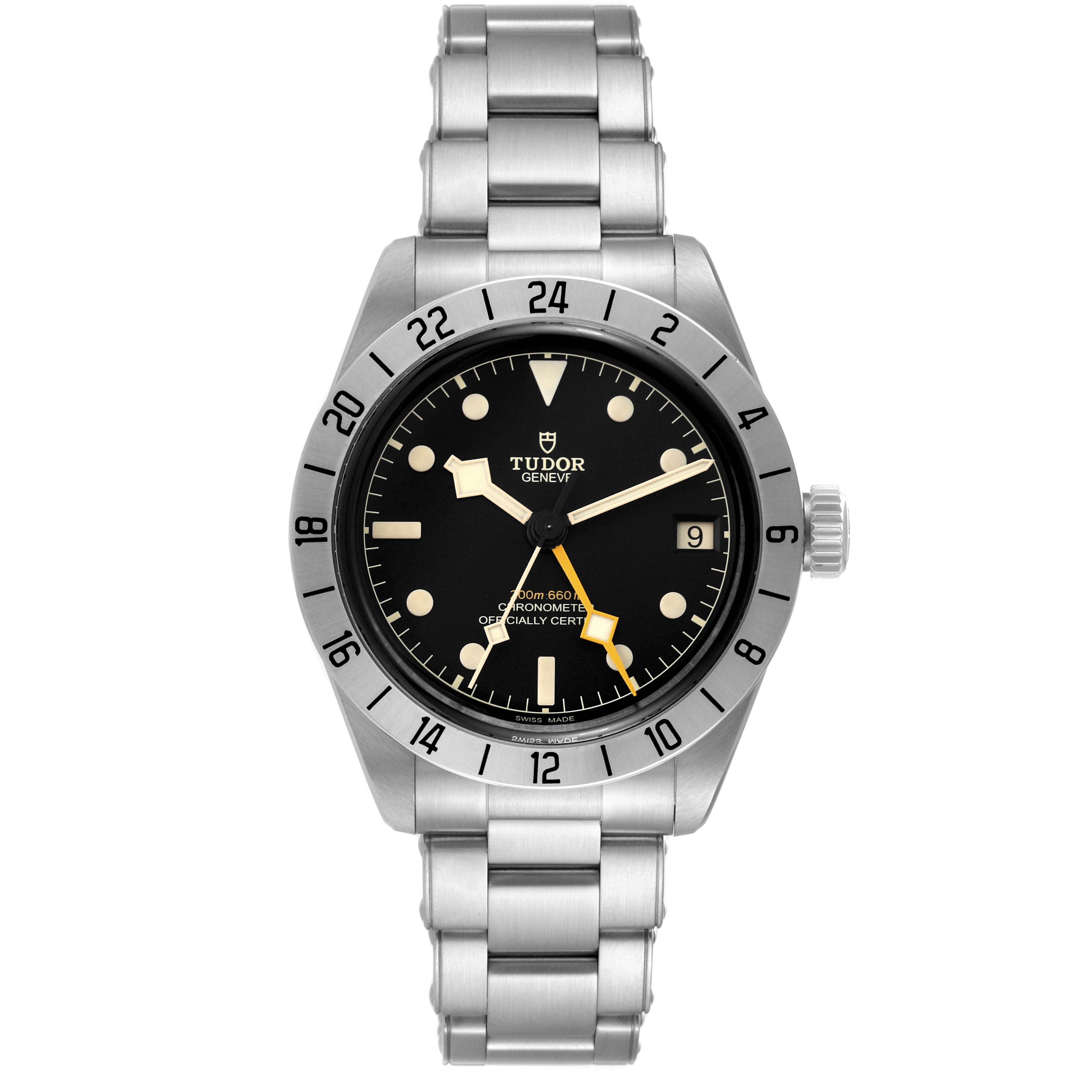 The image shows a front view of the Tudor Heritage Black Bay M79470-0003 Men's Stainless Steel Black Dial M79470-0003 Men's Stainless Steel Black Dial watch, displaying its face, bezel, and stainless steel bracelet.