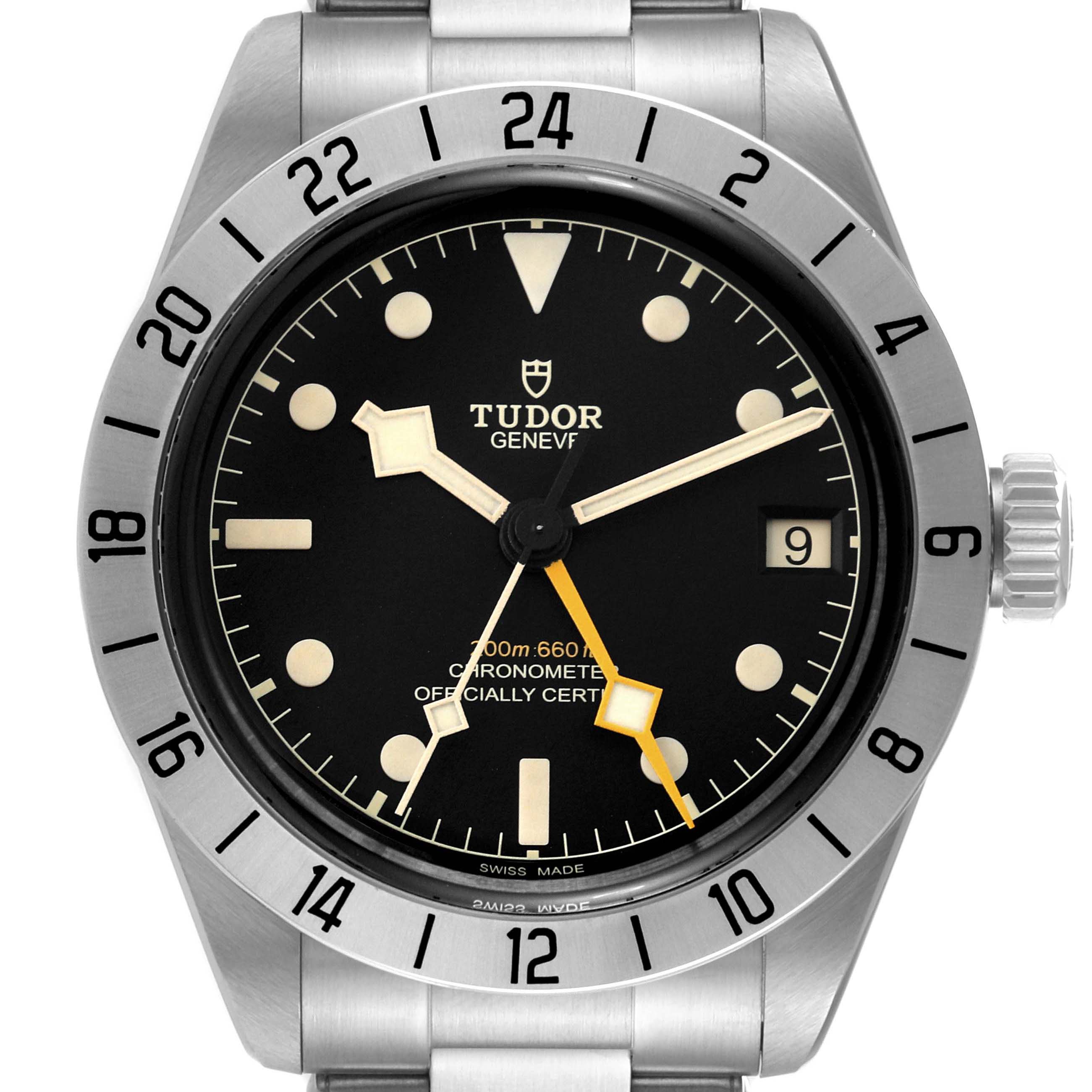 This is a front view of the Tudor Heritage Black Bay M79470-0003 Men's Stainless Steel Black Dial M79470-0003 Men's Stainless Steel Black Dial watch, showing the dial, bezel, hands, crown, and part of the bracelet.