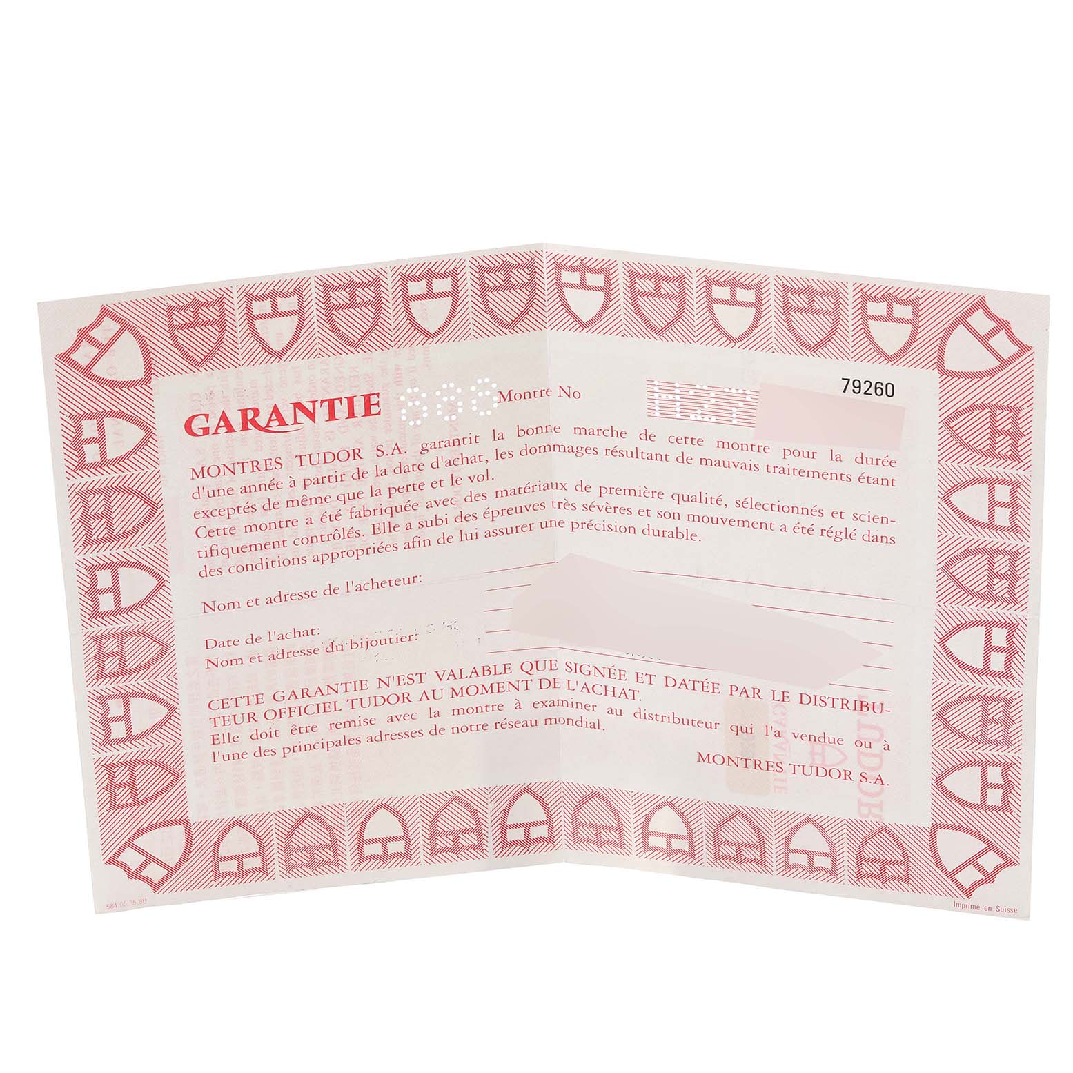 This image shows a warranty certificate for a Tudor Prince watch with model number 79260.