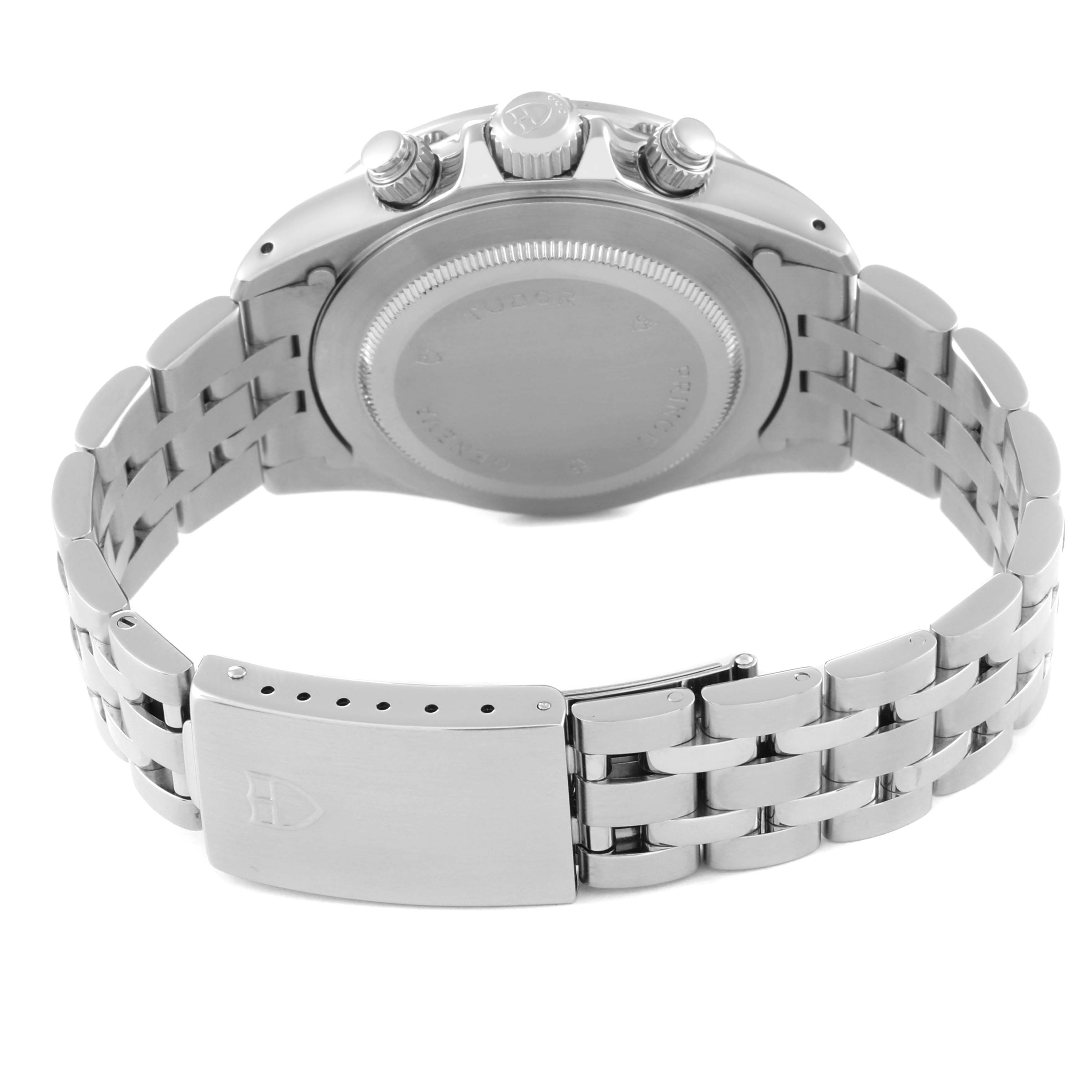 The image shows the back, bracelet, and clasp of a Tudor Prince watch, focusing on the rear case and band.