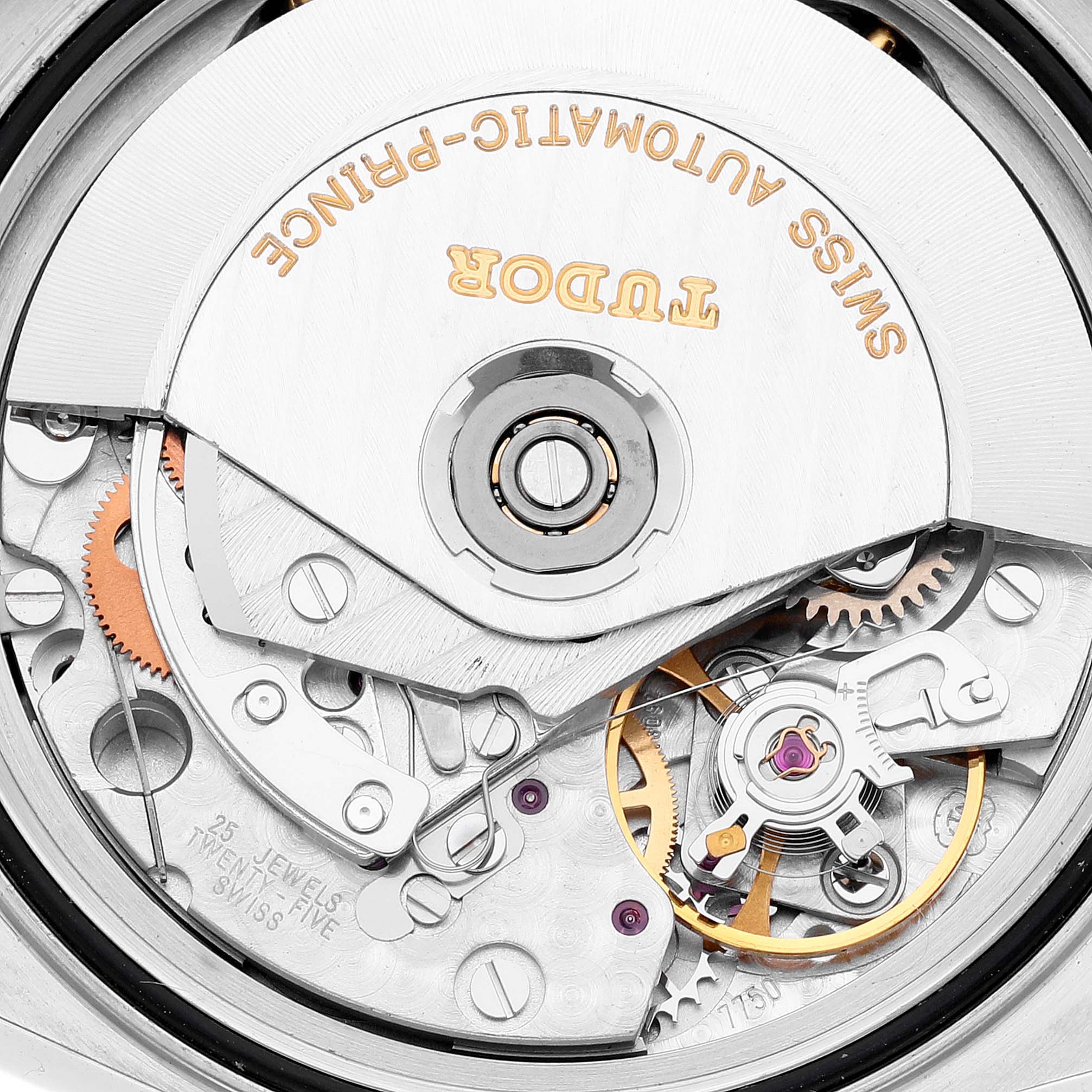 This is a close-up of the Tudor Prince watch's automatic movement mechanism, showing gears and the rotor.