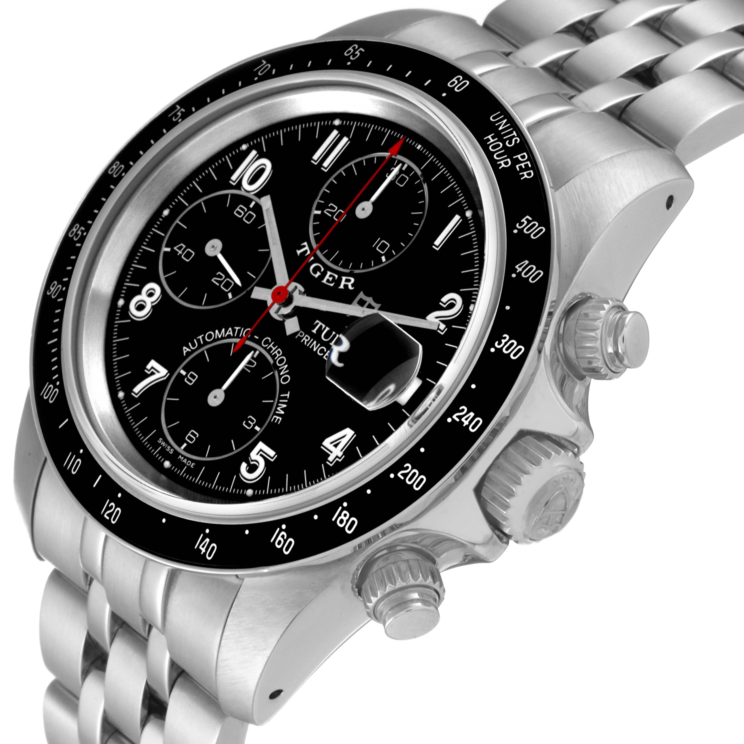 The image shows a close-up side angle of the Tudor Prince model watch, highlighting its face, bezel, and crown.