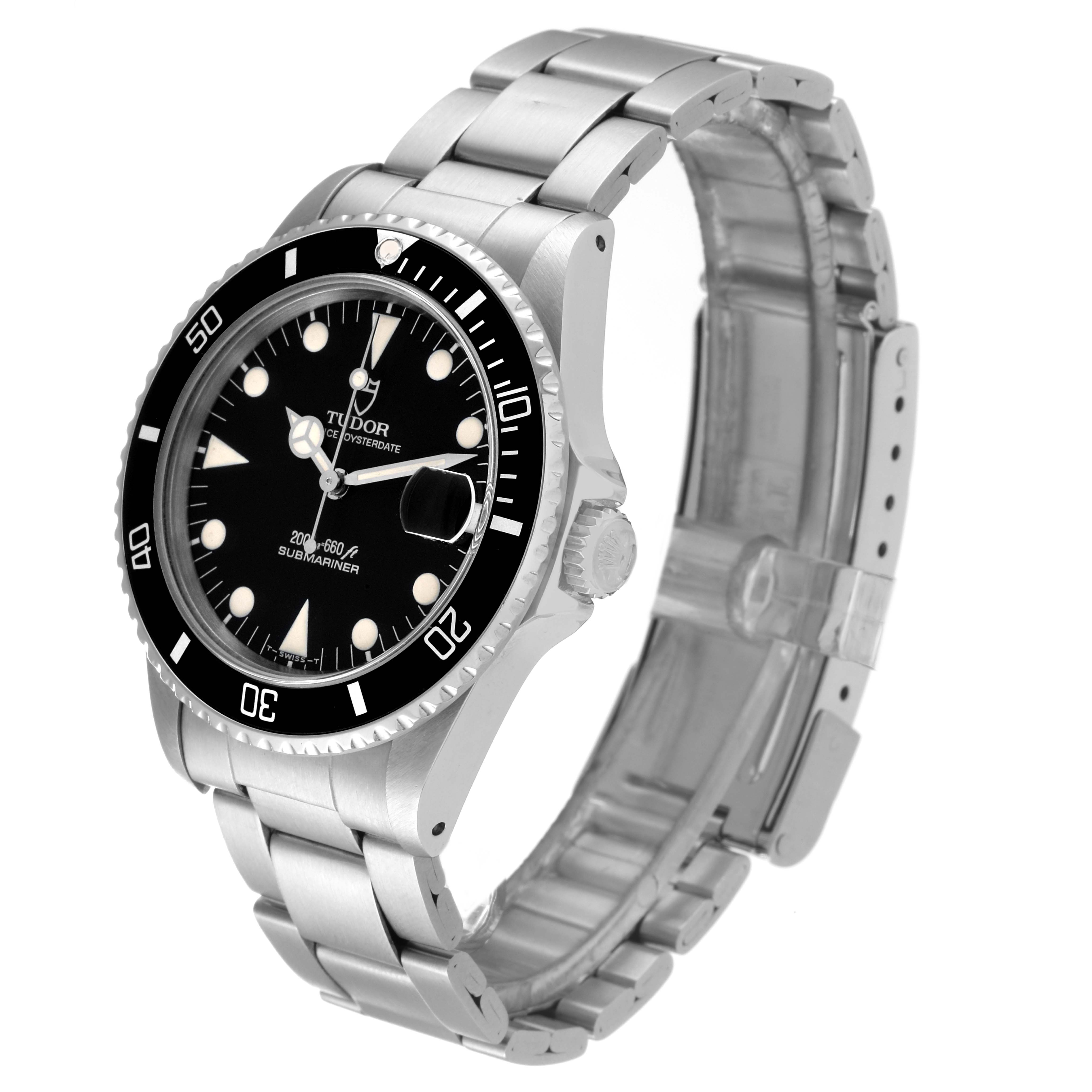 The Tudor Submariner 75090 Men's Stainless Steel Black Dial 75090 Men's Stainless Steel Black Dial watch is shown at a slight angle displaying its face, bezel, crown, and metal bracelet.