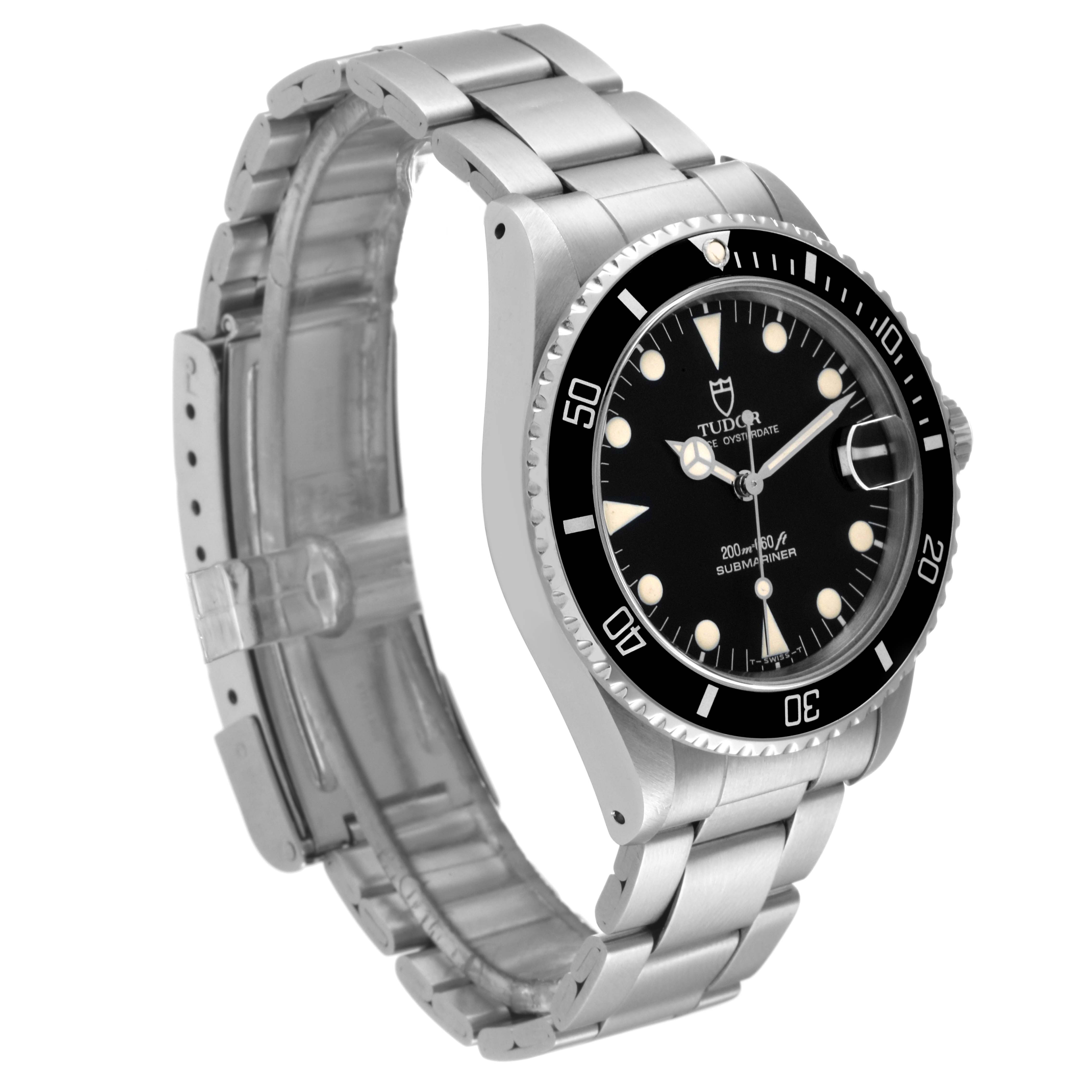 The Tudor Submariner 75090 Men's Stainless Steel Black Dial 75090 Men's Stainless Steel Black Dial watch is shown at a slight side angle, displaying its face, bezel, crown, and bracelet.