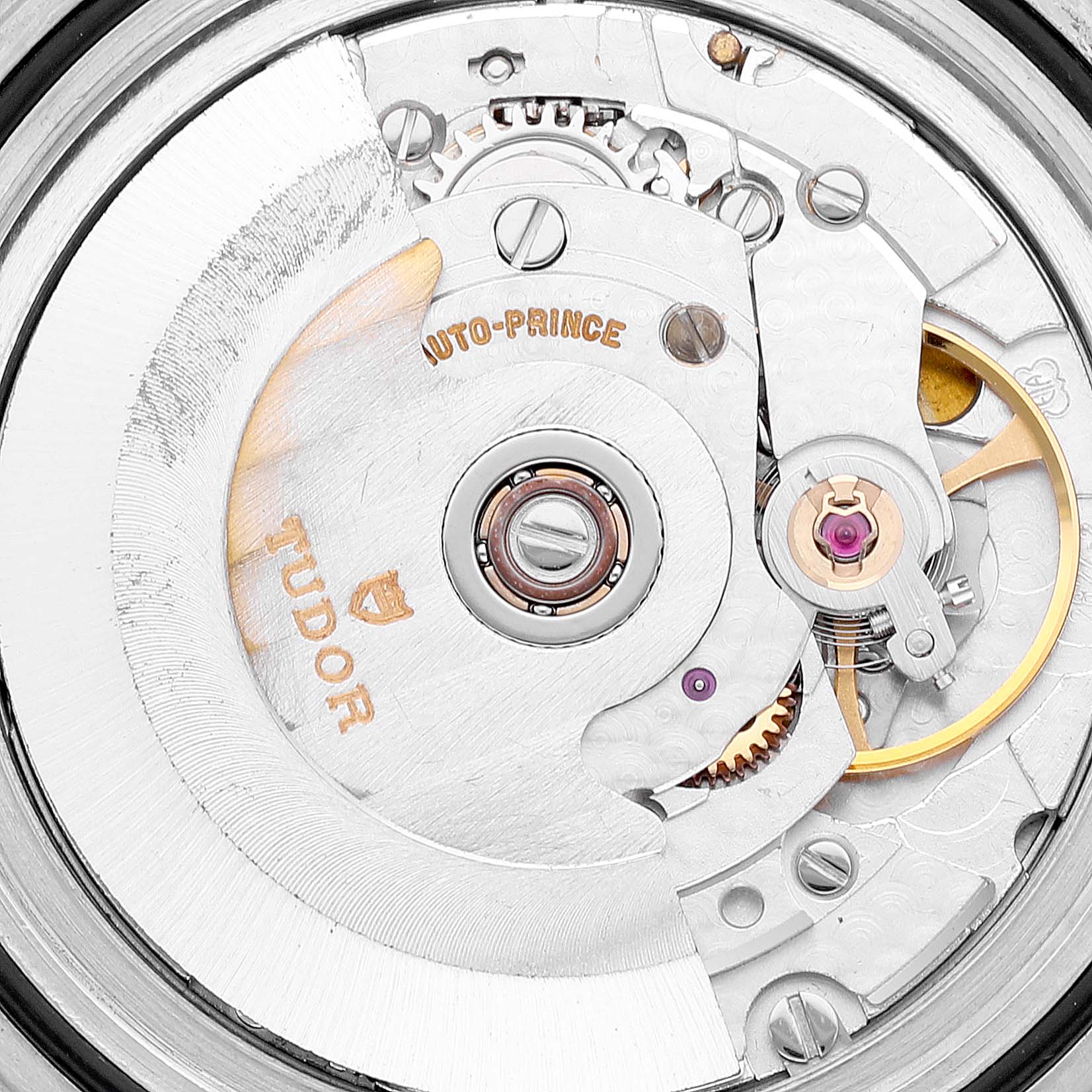 This image shows the movement of a Tudor Submariner 75090 Men's Stainless Steel Black Dial 75090 Men's Stainless Steel Black Dial watch, highlighting its intricate internal mechanics.