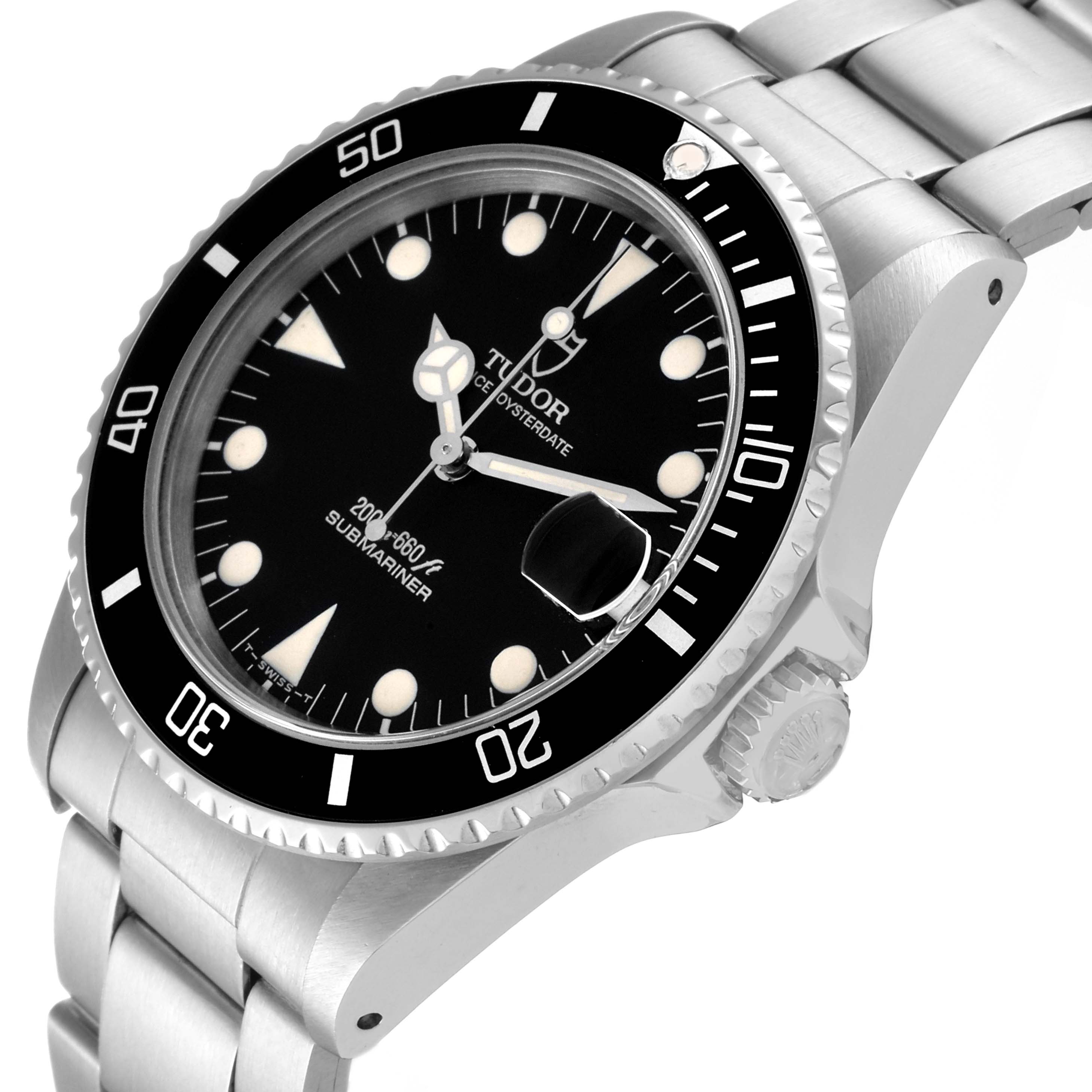 The Tudor Submariner 75090 Men's Stainless Steel Black Dial 75090 Men's Stainless Steel Black Dial watch is shown at an angled close-up, highlighting the face, bezel, crown, and part of the metal bracelet.