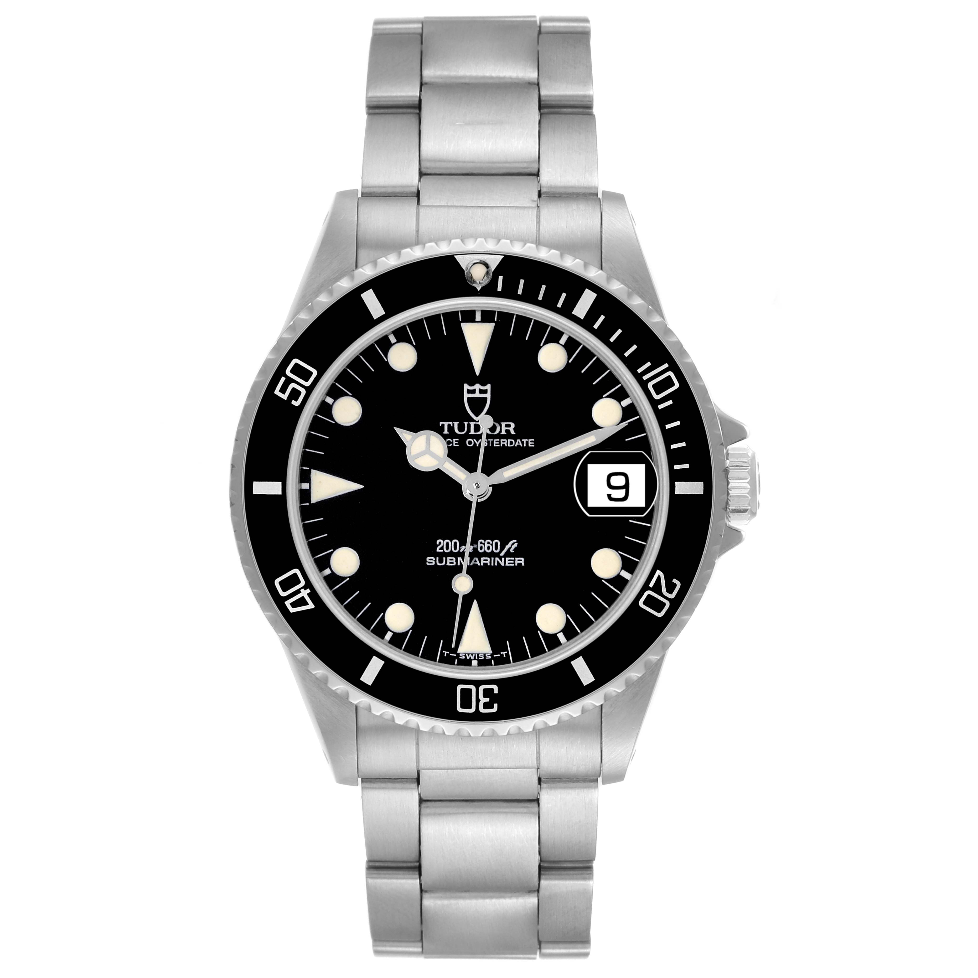 The image shows a front view of a Tudor Submariner 75090 Men's Stainless Steel Black Dial 75090 Men's Stainless Steel Black Dial watch displaying its dial, bezel, crown, and metal bracelet.