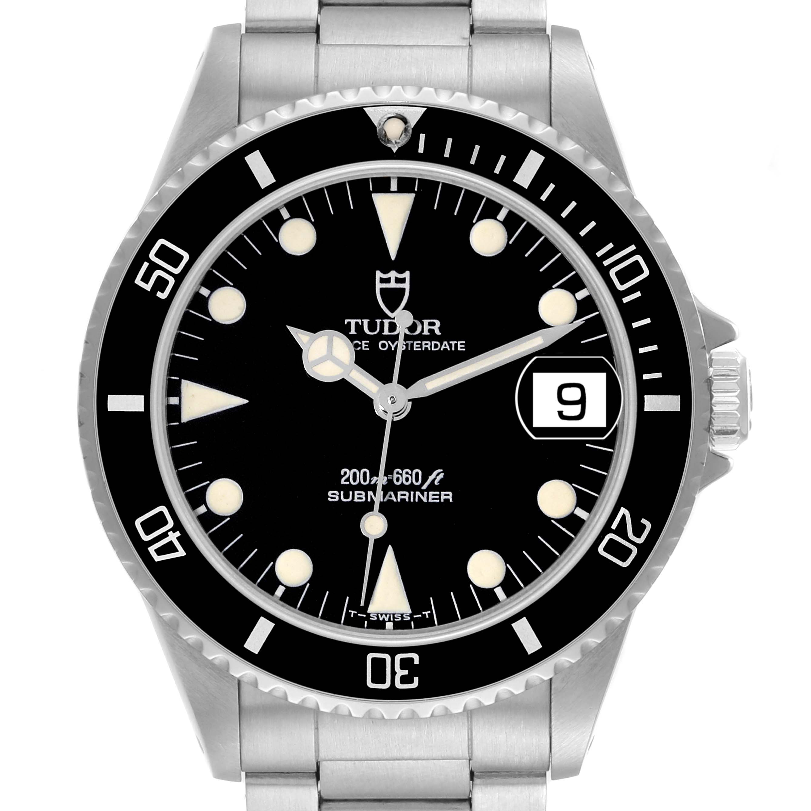 This image shows a front view of the Tudor Submariner 75090 Men's Stainless Steel Black Dial 75090 Men's Stainless Steel Black Dial watch, highlighting the dial, bezel, crown, and part of the bracelet.