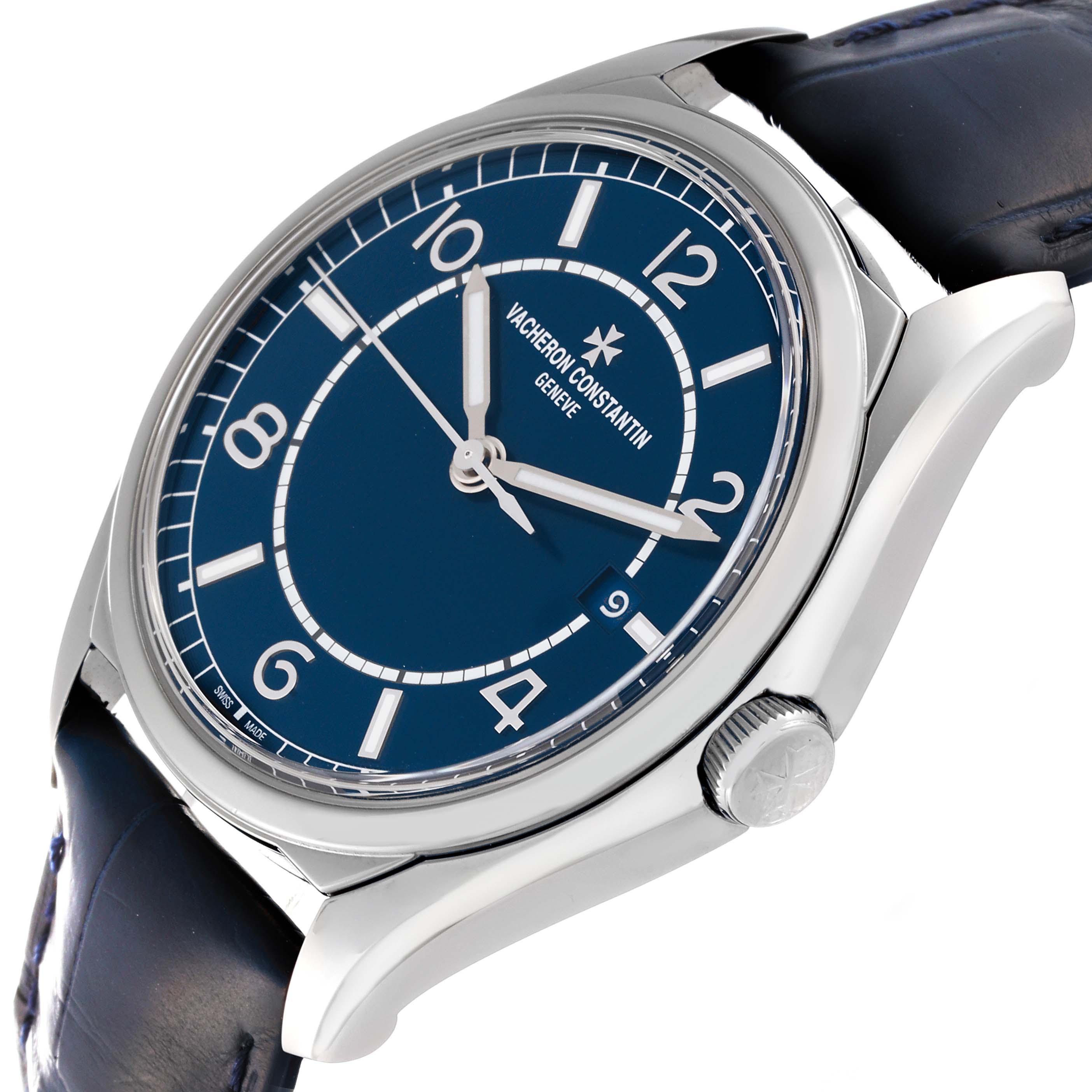 The image shows a Vacheron Constantin Fiftysix 4600E/000A-B487 Men
s Stainless Steel Blue Dial 4600E/000A-B487 Men
s Stainless Steel Blue Dial watch at an angle displaying the dial, crown, and part of the strap.