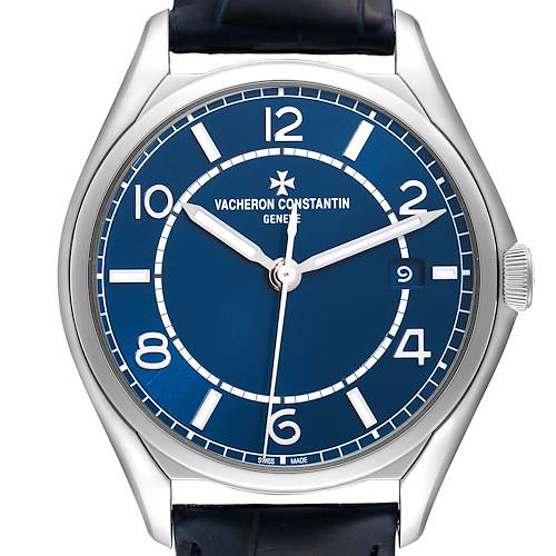 The image shows a front view of the Vacheron Constantin Fiftysix model watch with a blue dial and date display.