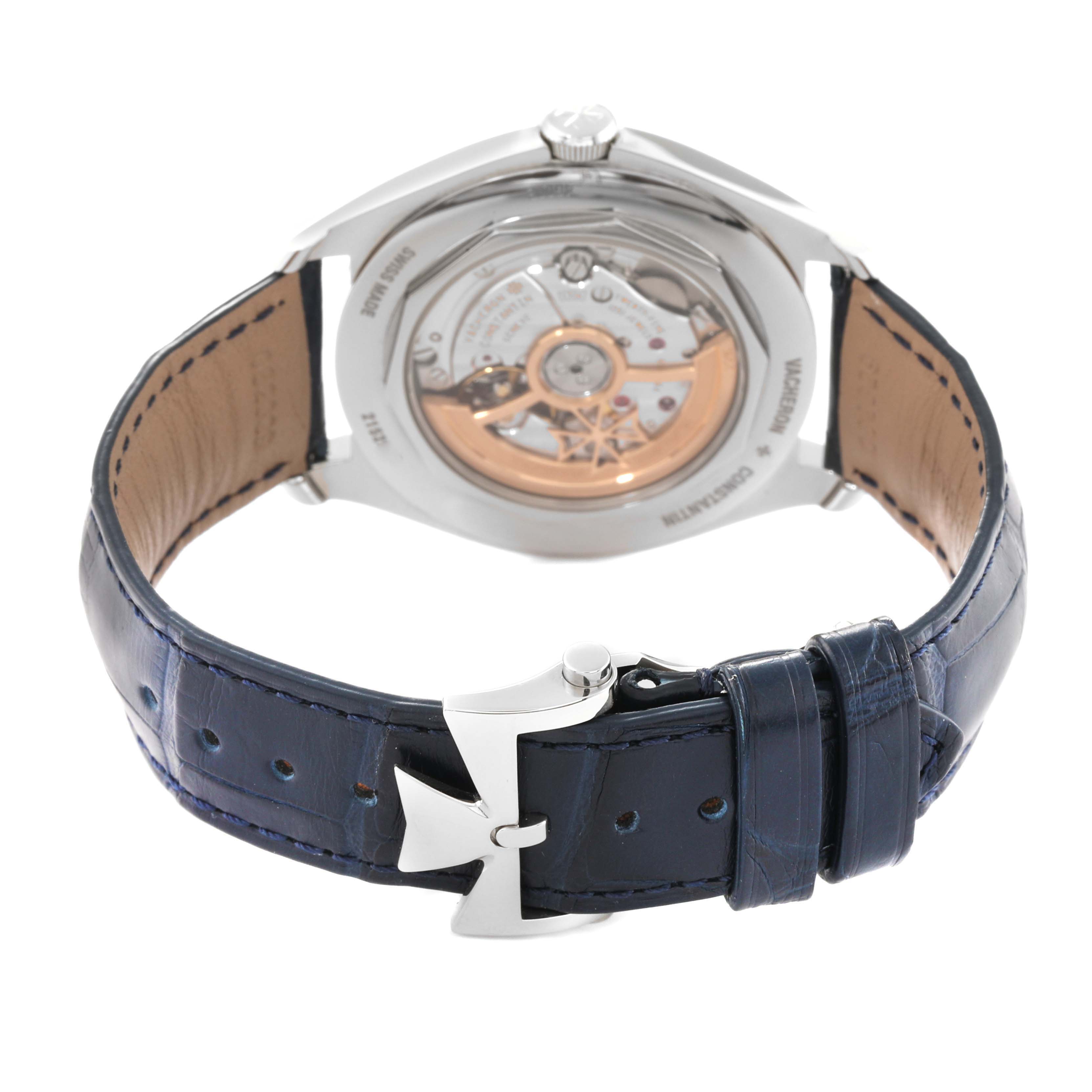 This image shows the back view of the Vacheron Constantin Fiftysix 4600E/000A-B487 Men
s Stainless Steel Blue Dial 4600E/000A-B487 Men
s Stainless Steel Blue Dial watch, highlighting the movement and clasp.