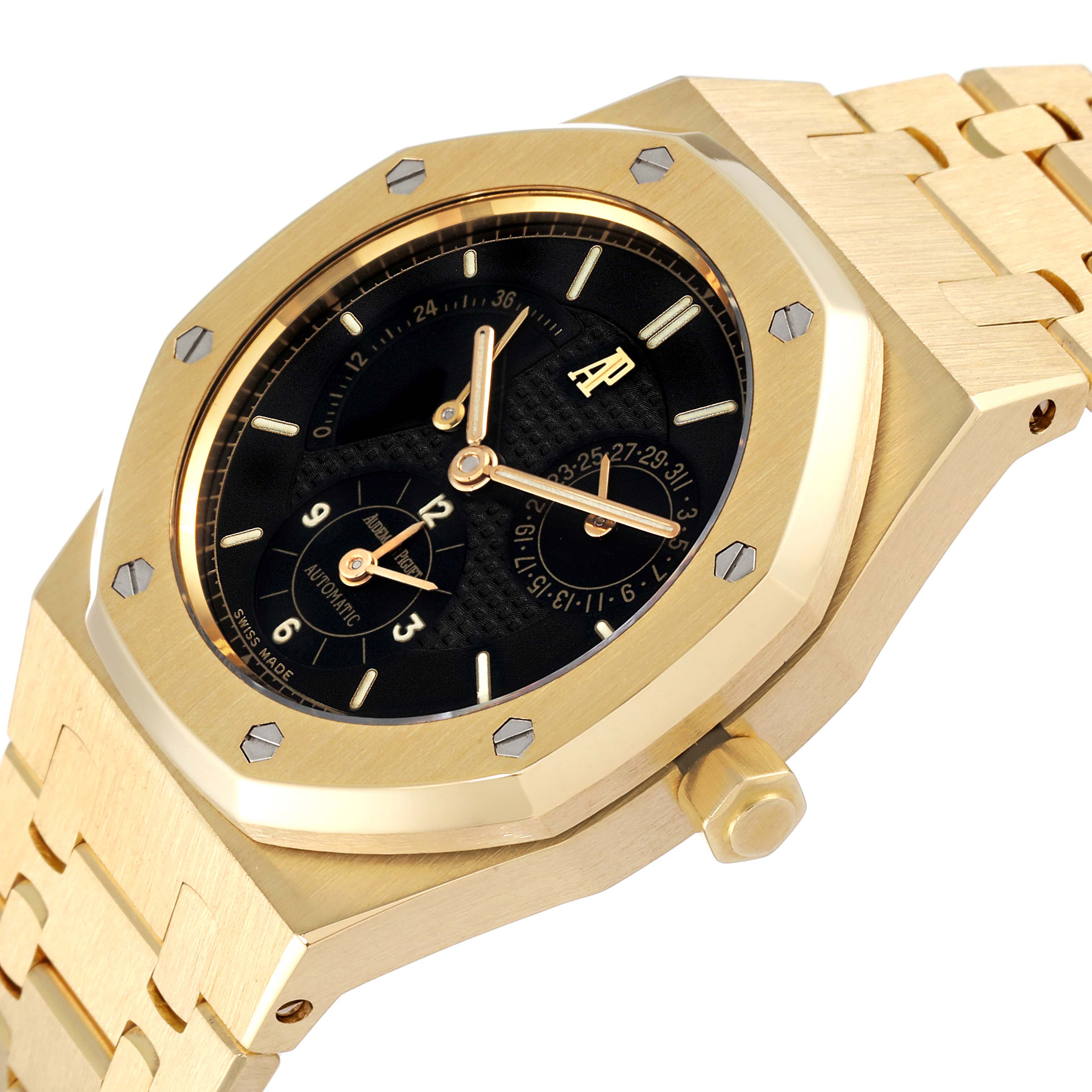 The image shows the face, bezel, and bracelet of an Audemars Piguet Royal Oak 25730BA Men's Yellow Gold Black Dial 25730BA Men's Yellow Gold Black Dial watch from an angled overhead view.
