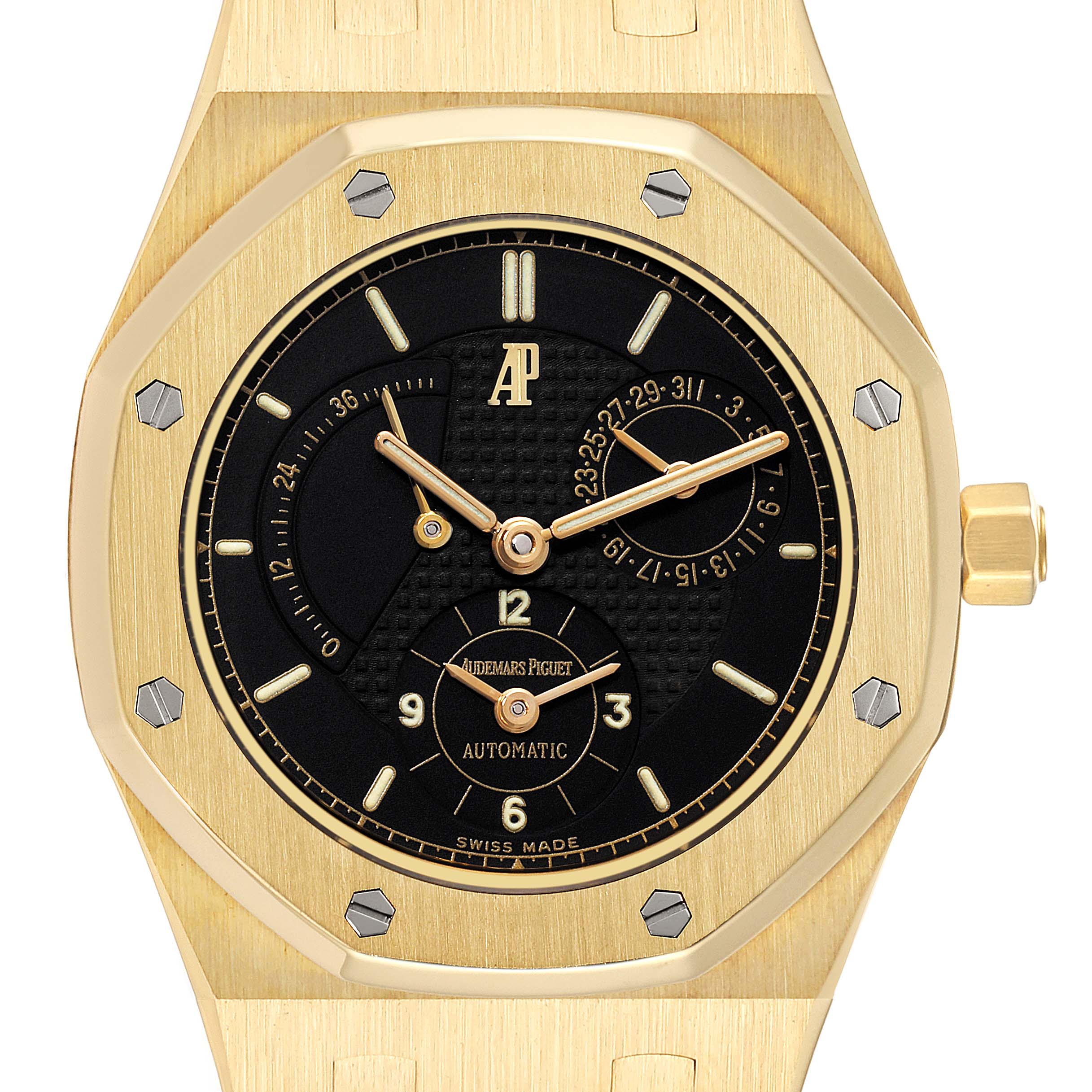 This image features a front view of the Audemars Piguet Royal Oak 25730BA Men's Yellow Gold Black Dial 25730BA Men's Yellow Gold Black Dial watch, showcasing its gold case, black dial, and integrated bracelet.