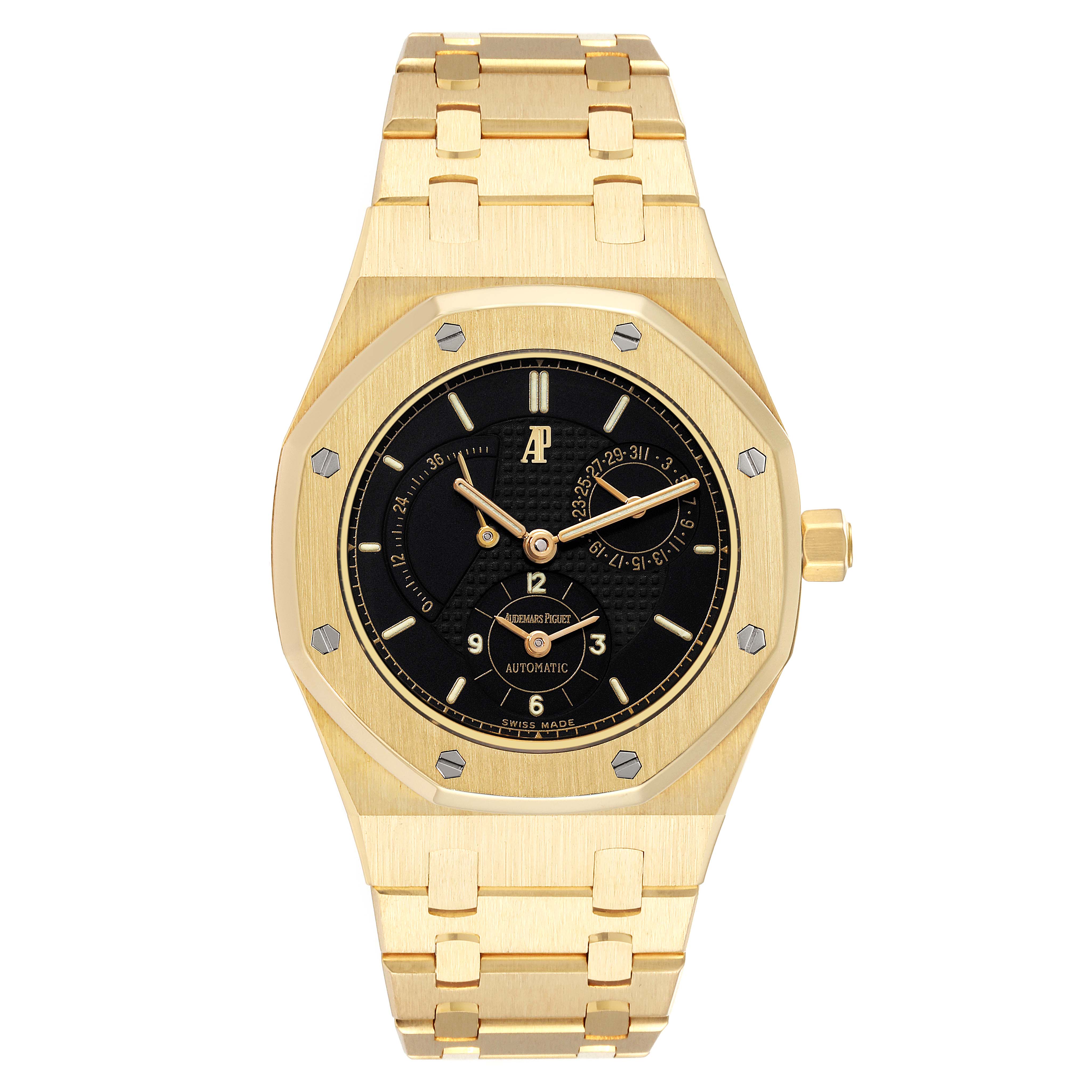 This image displays a front view of a Royal Oak model by Audemars Piguet, showcasing its gold bracelet, black dial, and signature octagonal bezel.