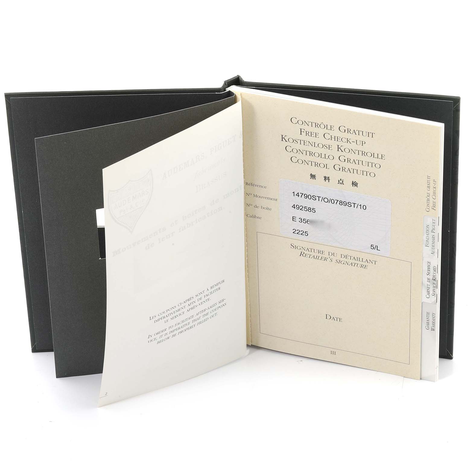 The image shows the documentation and warranty booklet for an Audemars Piguet Royal Oak 14790ST Men's Stainless Steel Silver Dial 14790ST Men's Stainless Steel Silver Dial model.