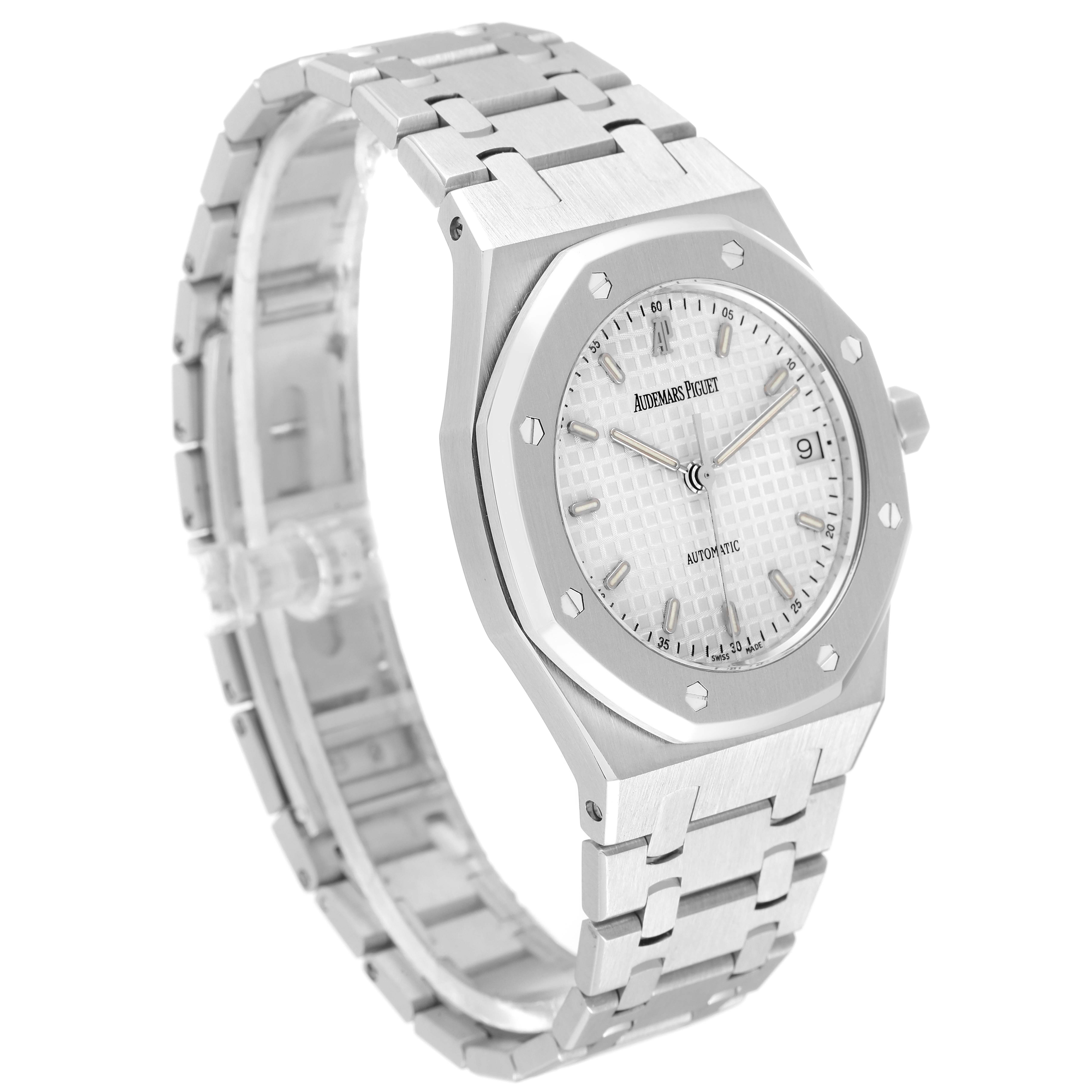 The image shows an Audemars Piguet Royal Oak 14790ST Men's Stainless Steel Silver Dial 14790ST Men's Stainless Steel Silver Dial watch at a three-quarter angle, highlighting its face, bezel, and bracelet.