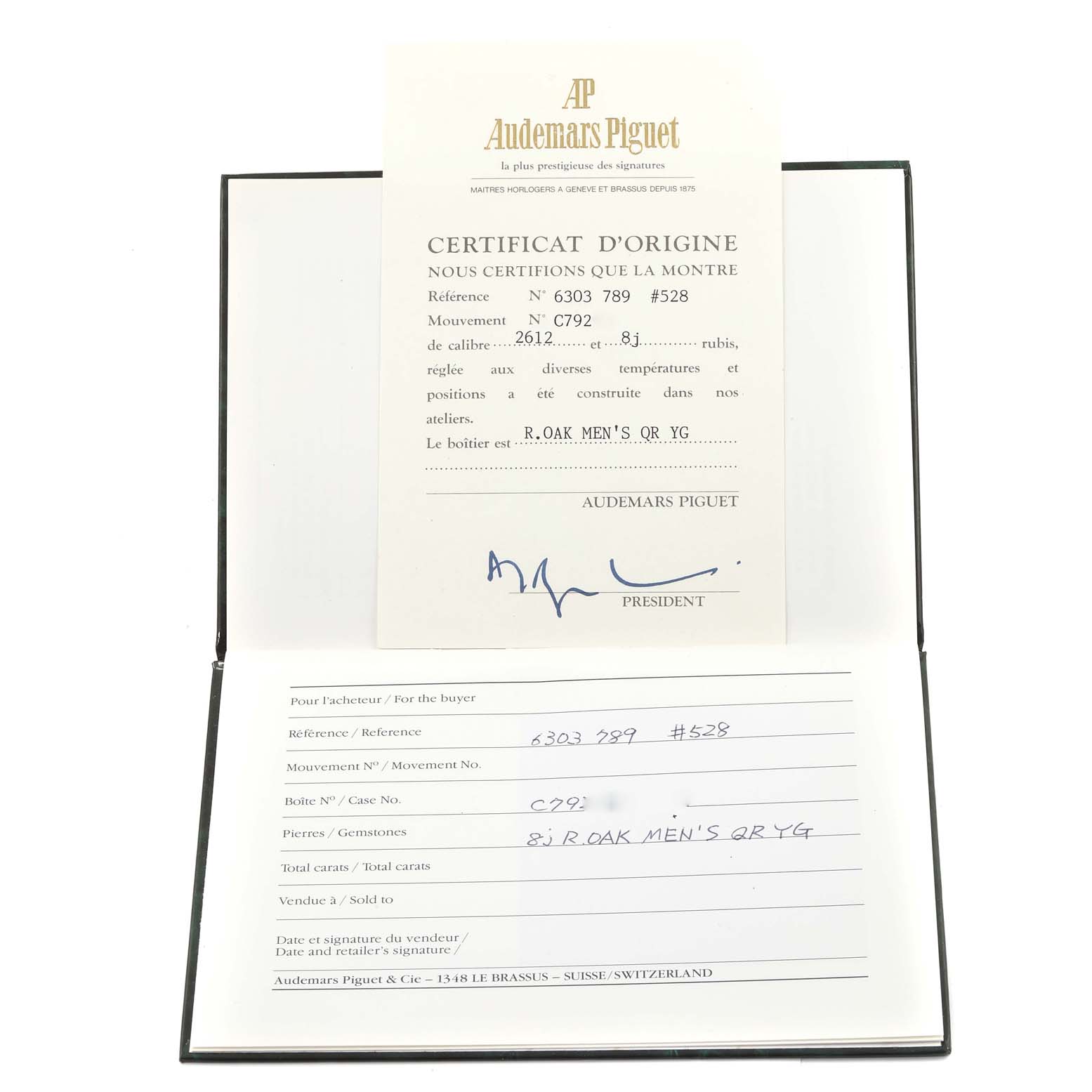 The image shows documentation, including a certificate of origin, for the Royal Oak model by Audemars Piguet.