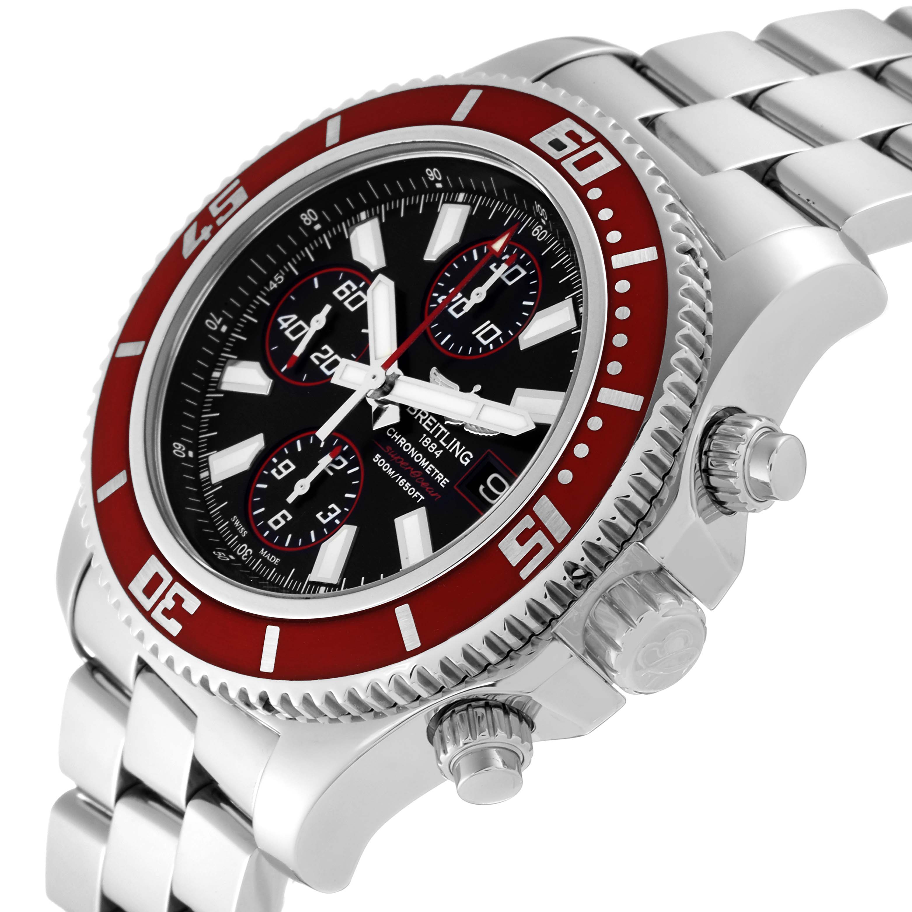 This image shows a Breitling Superocean A13341 Men's Stainless Steel Black Dial A13341 Men's Stainless Steel Black Dial watch at an angle highlighting its red bezel, black dial, and metal bracelet.