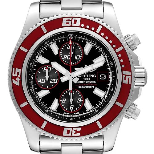 The image shows a front view of the Breitling Superocean watch, highlighting its dial, bezel, and chronograph sub-dials.