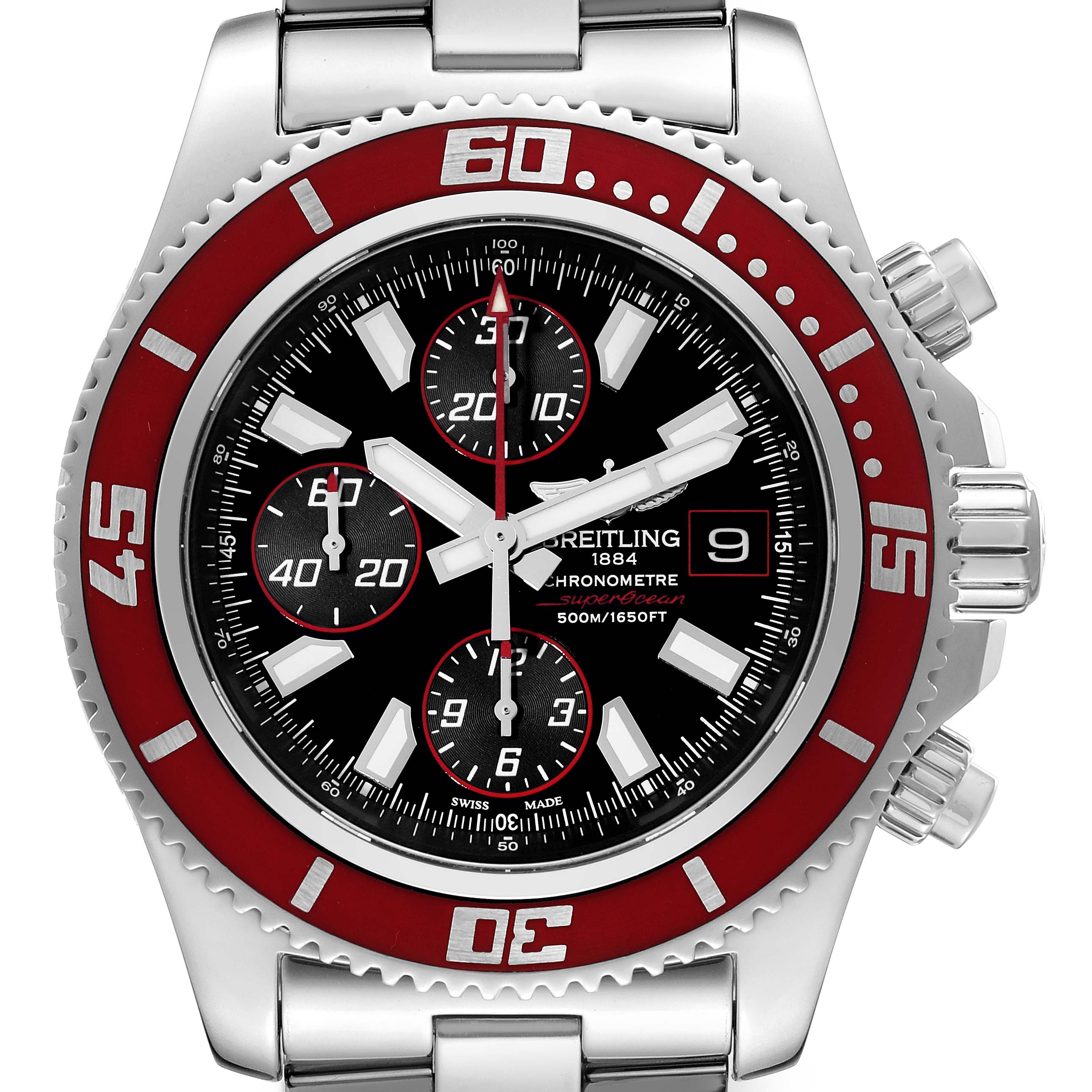 This is a front view of a Breitling Superocean A13341 Men's Stainless Steel Black Dial A13341 Men's Stainless Steel Black Dial watch, showcasing the face, bezel, and part of the bracelet.